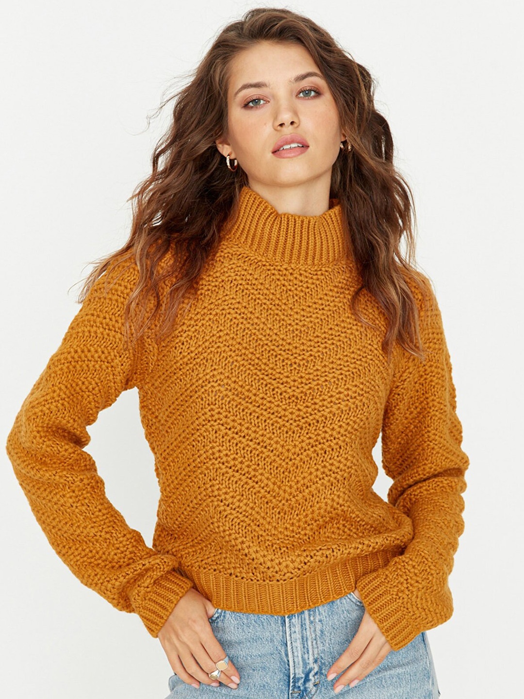 

Trendyol Women Mustard Acrylic Cable Knit Pullover