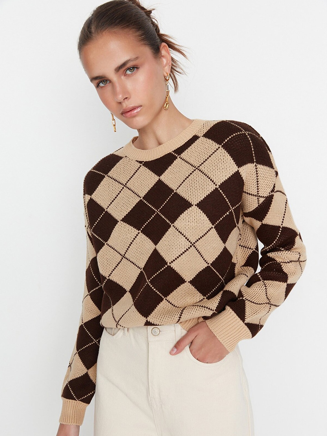 

Trendyol Women Camel Brown Checked Checked Pullover