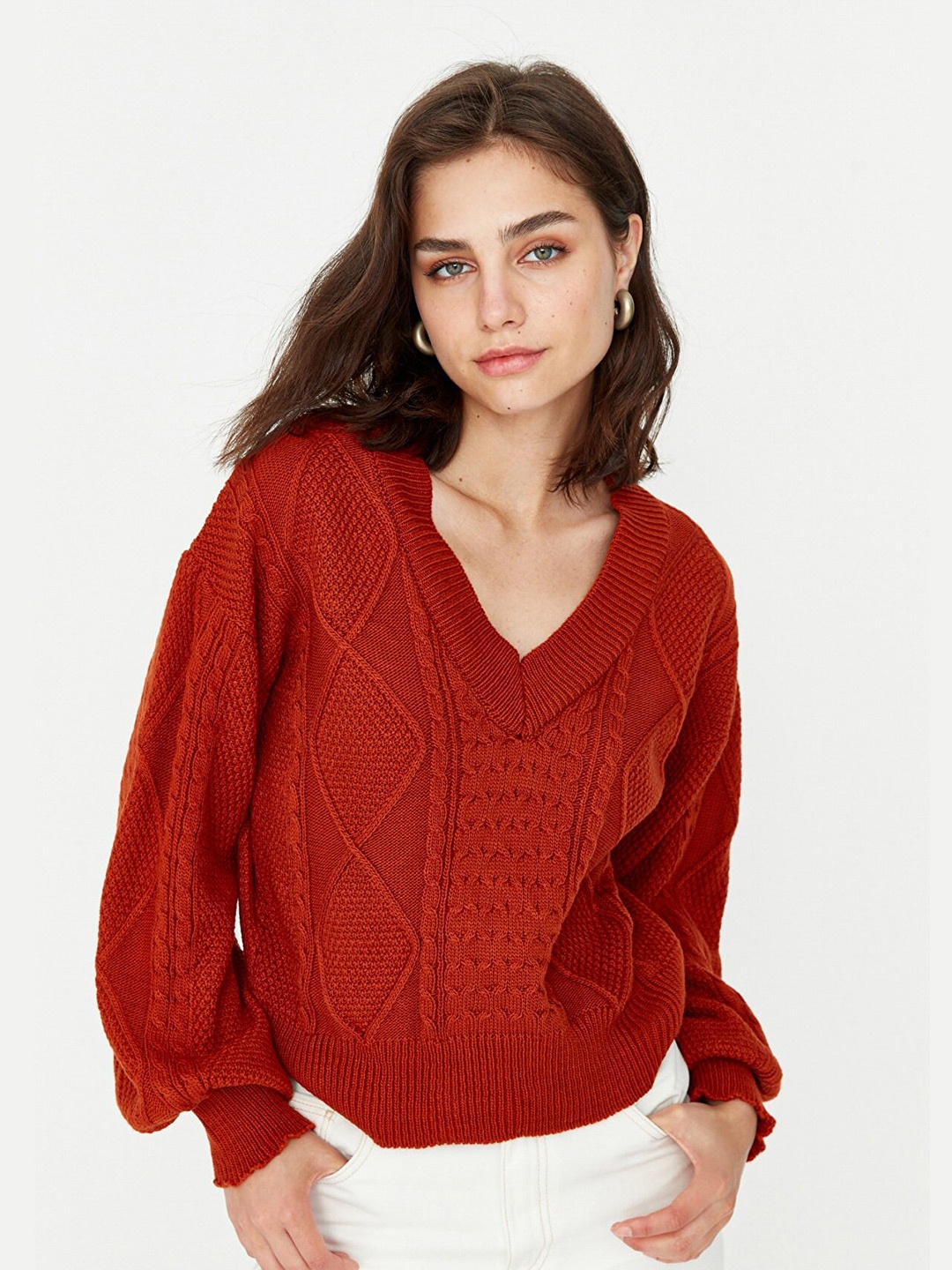 

Trendyol Women Cable Knit Acrylic Pullover Sweater, Red