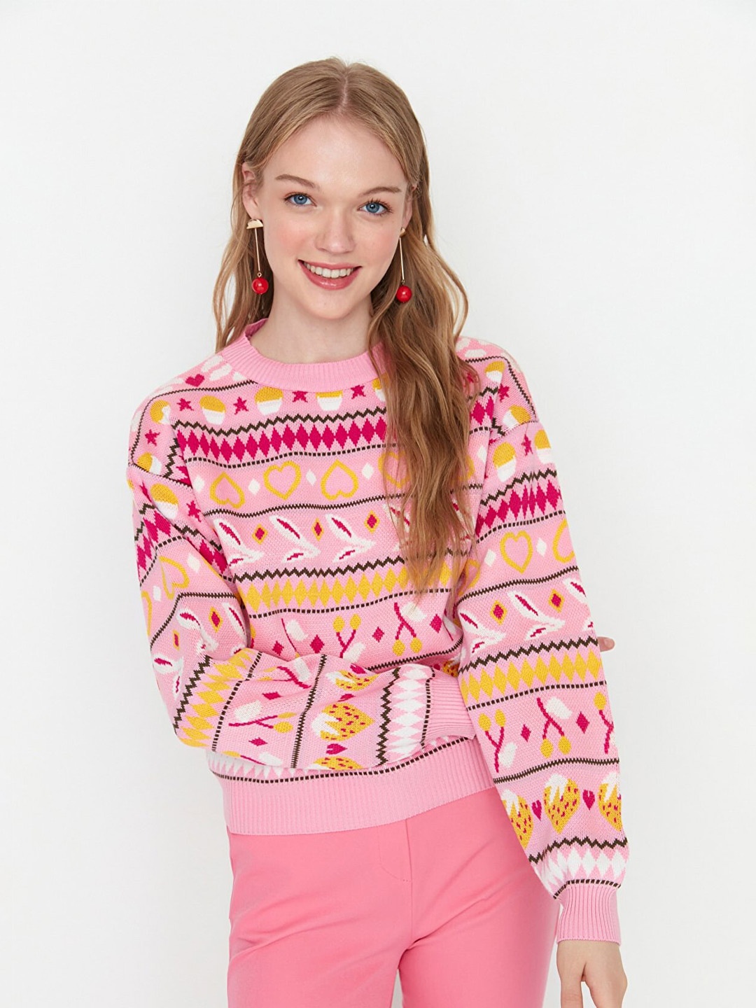 

Trendyol Women Pink & Yellow Printed Pullover