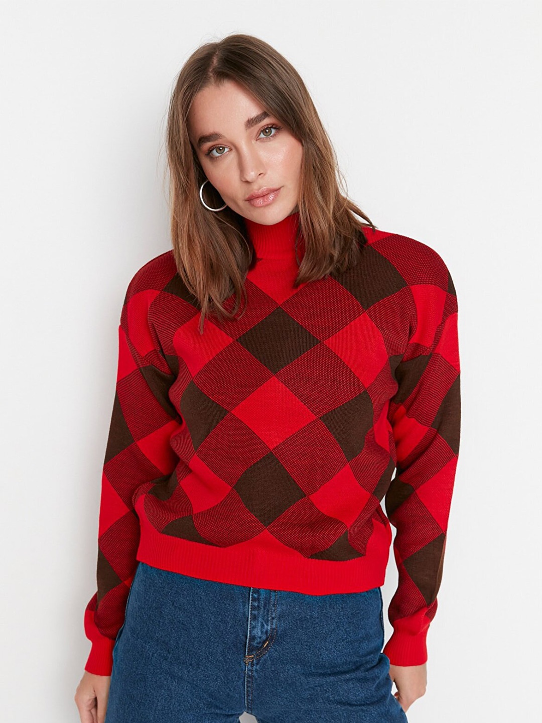 

Trendyol Women Red & Black Checked Pullover