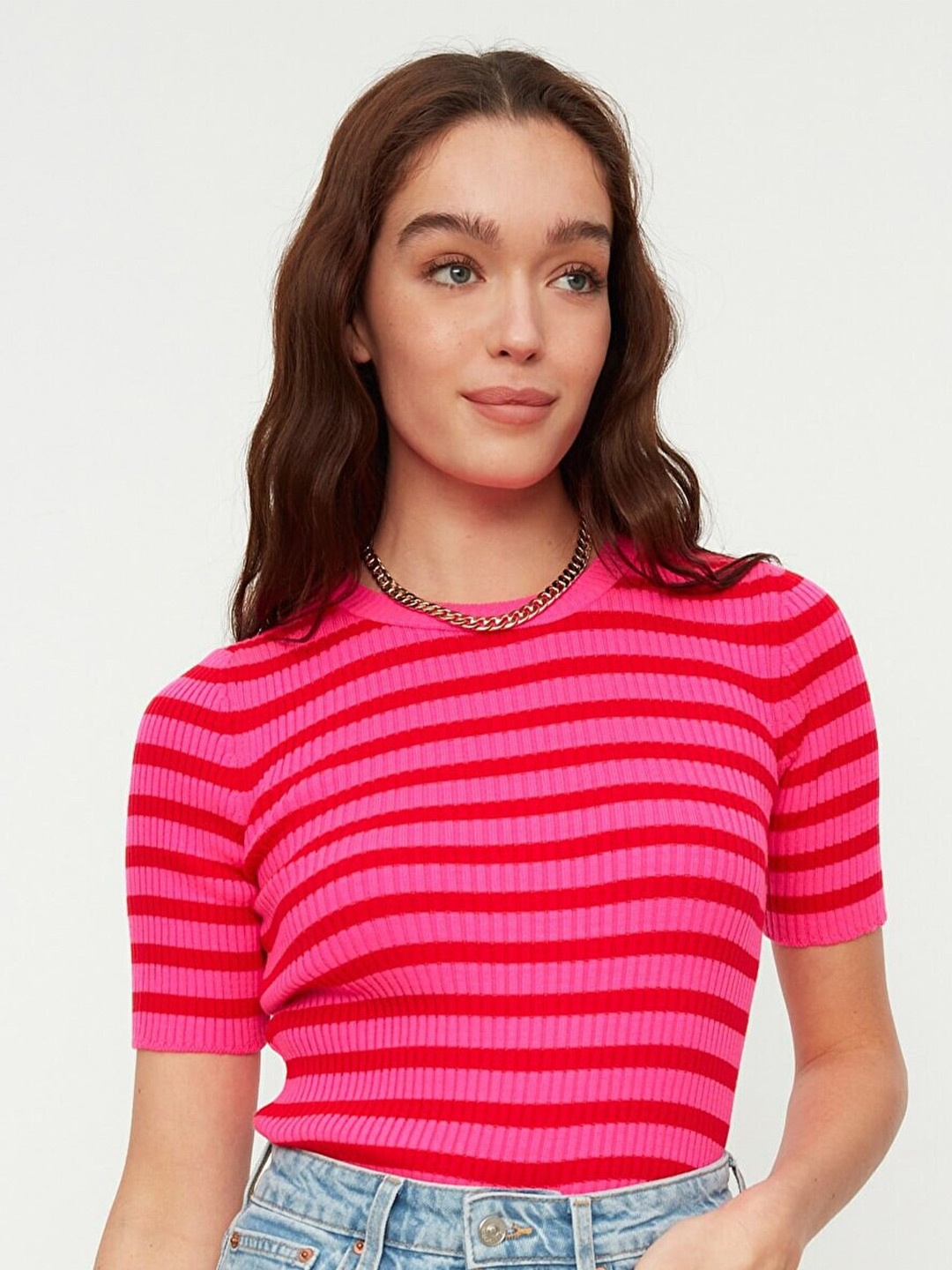 

Trendyol Women Fuchsia Striped Pullover