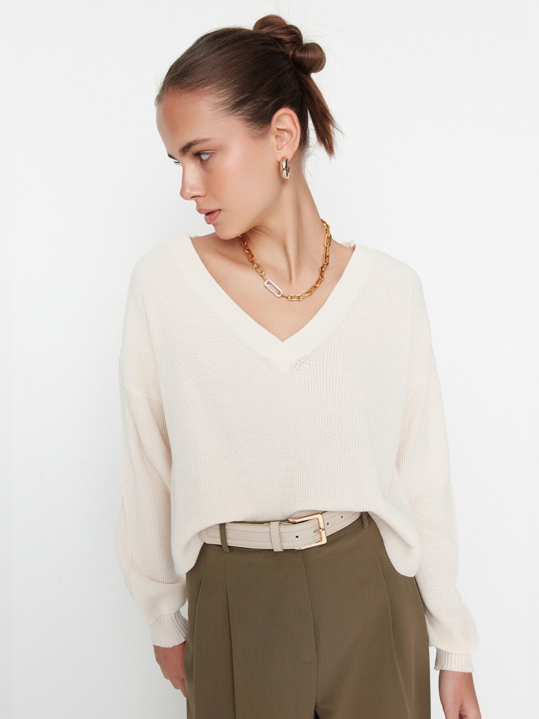 

Trendyol Women Off White Ribbed Pullover