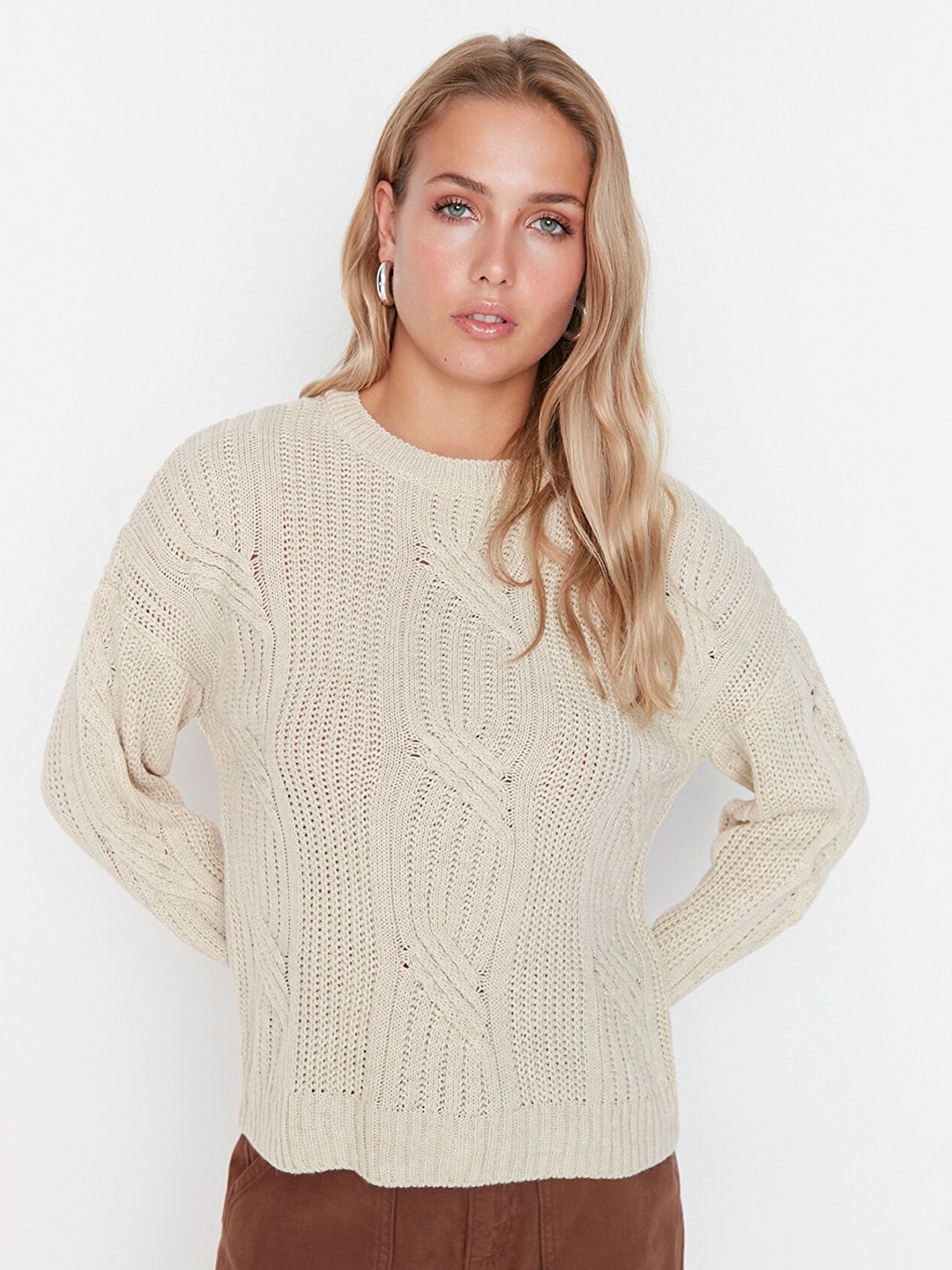 

Trendyol Women Beige Cable Knit Pullover