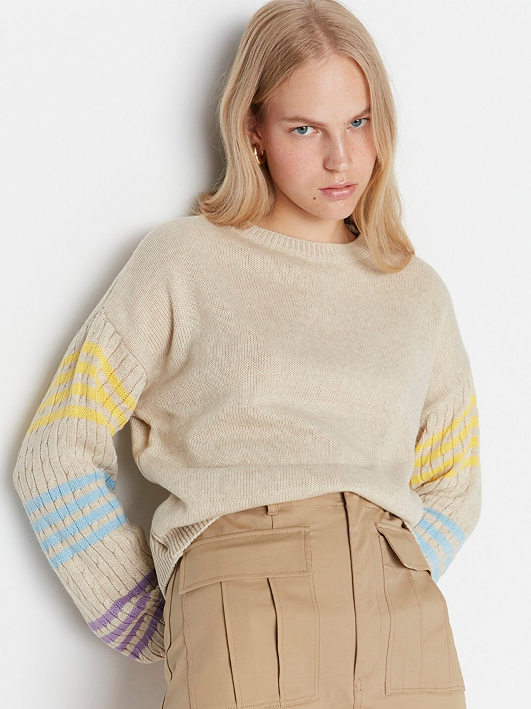 

Trendyol Women Beige & Blue Striped Pullover