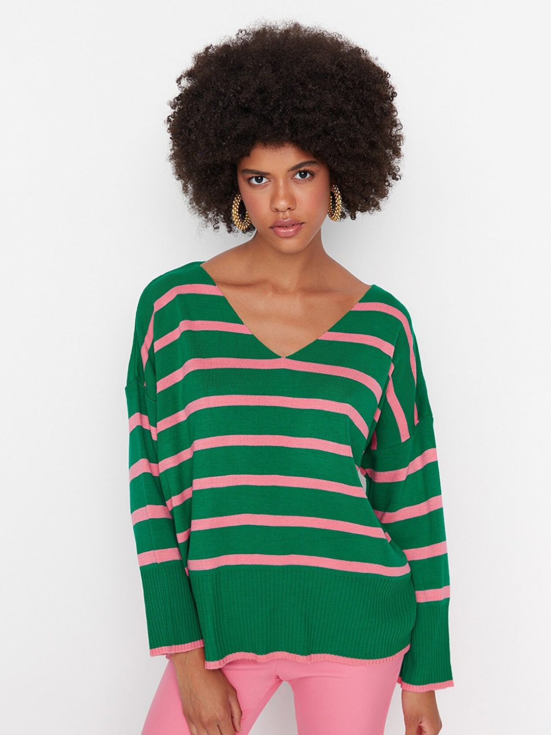 

Trendyol Women Green & Pink Striped Pullover