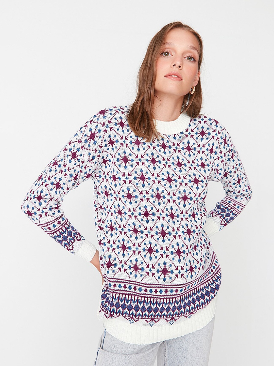 

Trendyol Women Off White & Purple Printed Acrylic Pullover