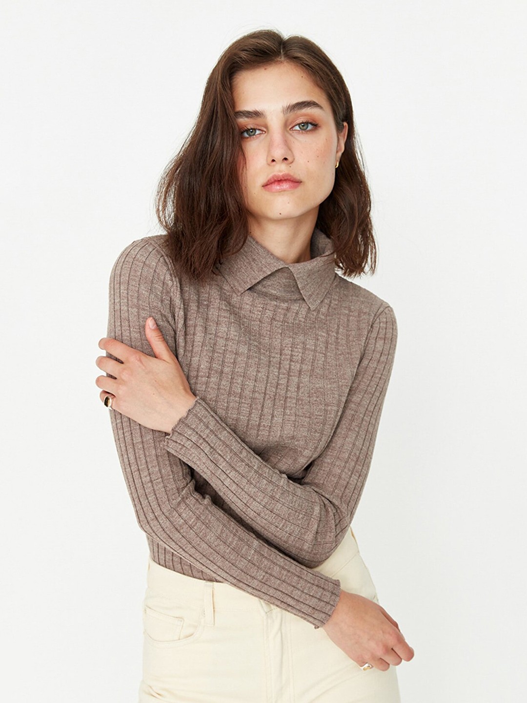 

Trendyol Women Brown Ribbed Pullover