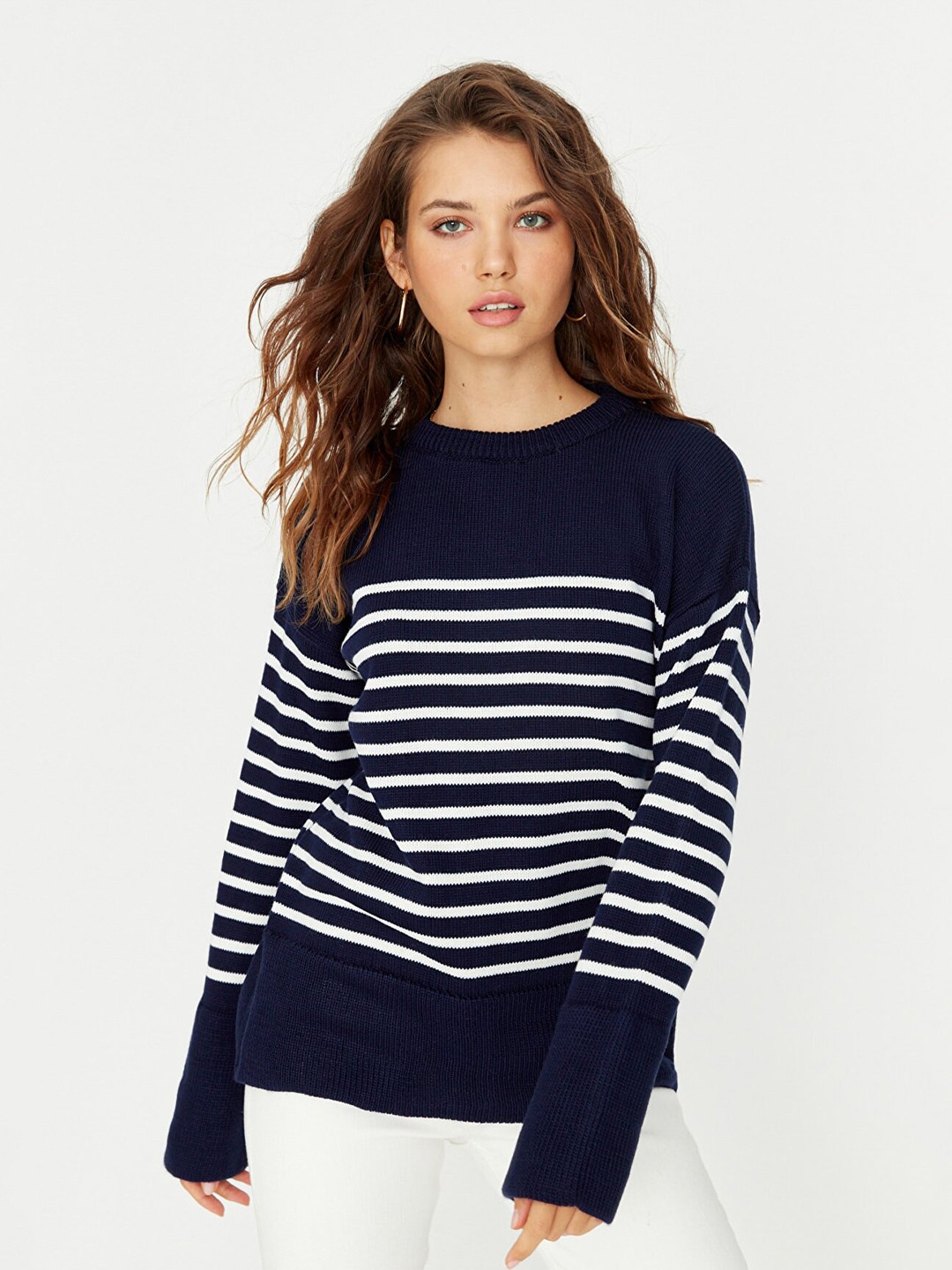 

Trendyol Women Navy Blue Striped Pullover