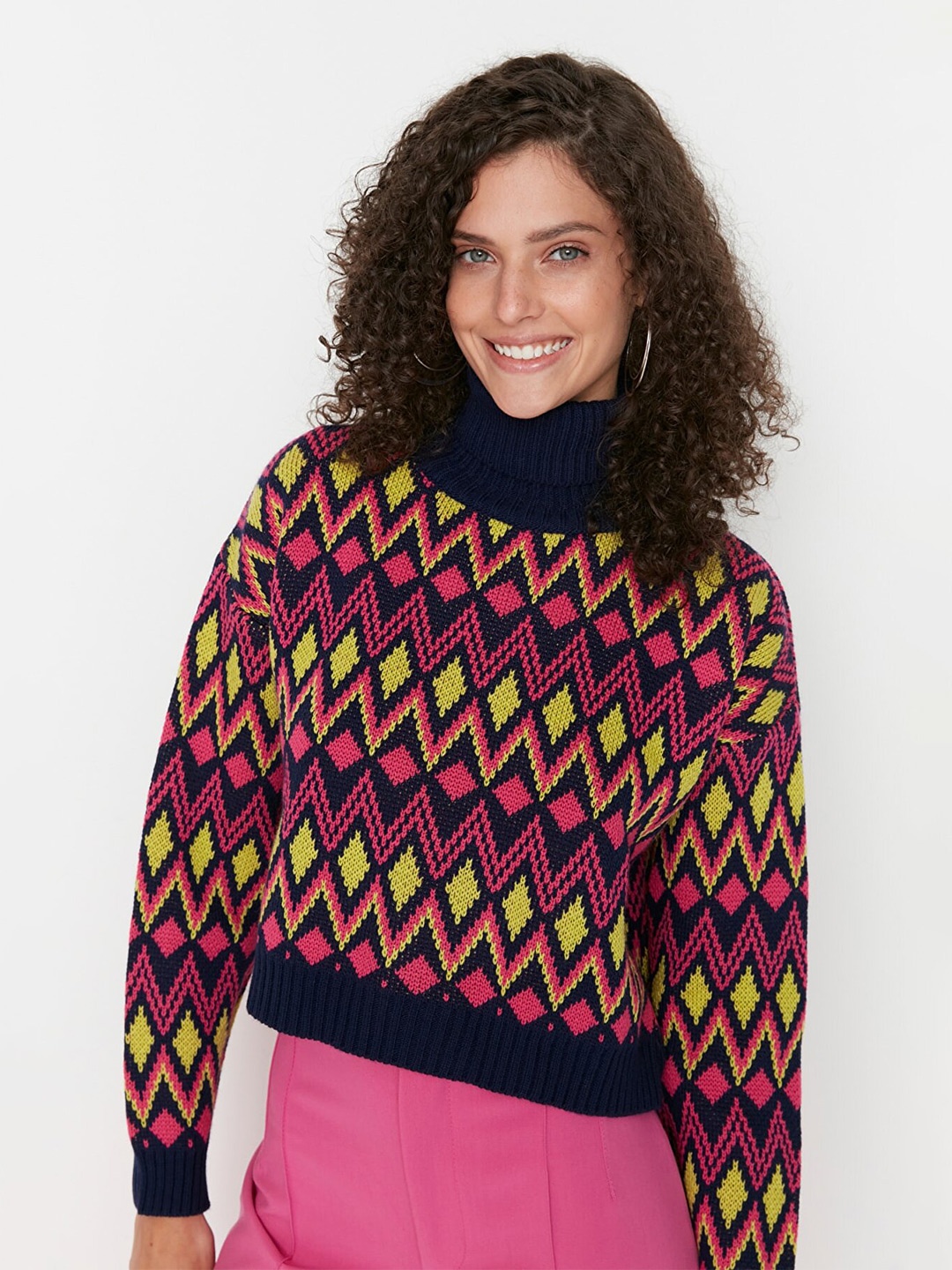 

Trendyol Women Navy Blue & Pink Printed Pullover