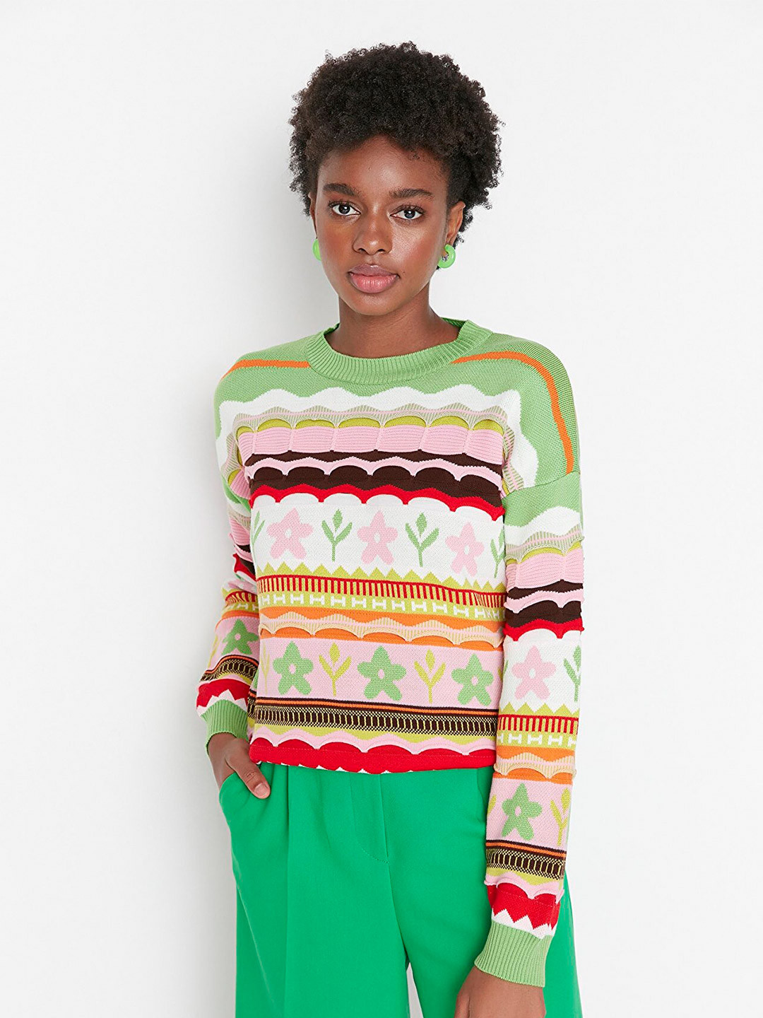 

Trendyol Women Green & Off White Printed Acrylic Pullover Sweater