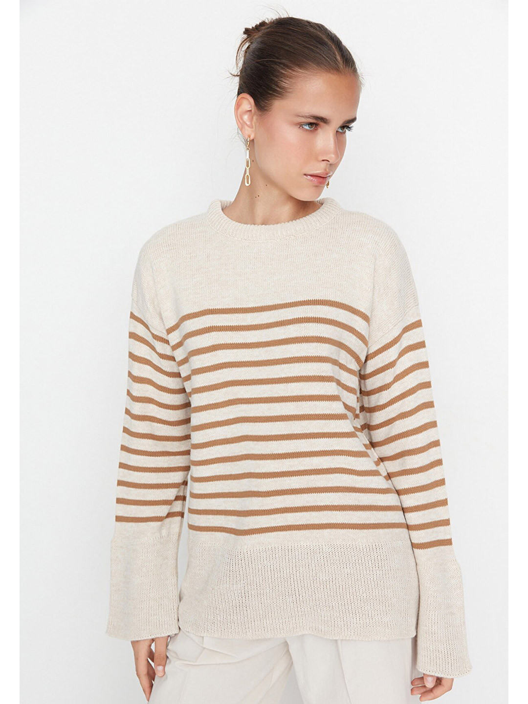 

Trendyol Women Beige & Brown Striped Striped Pullover