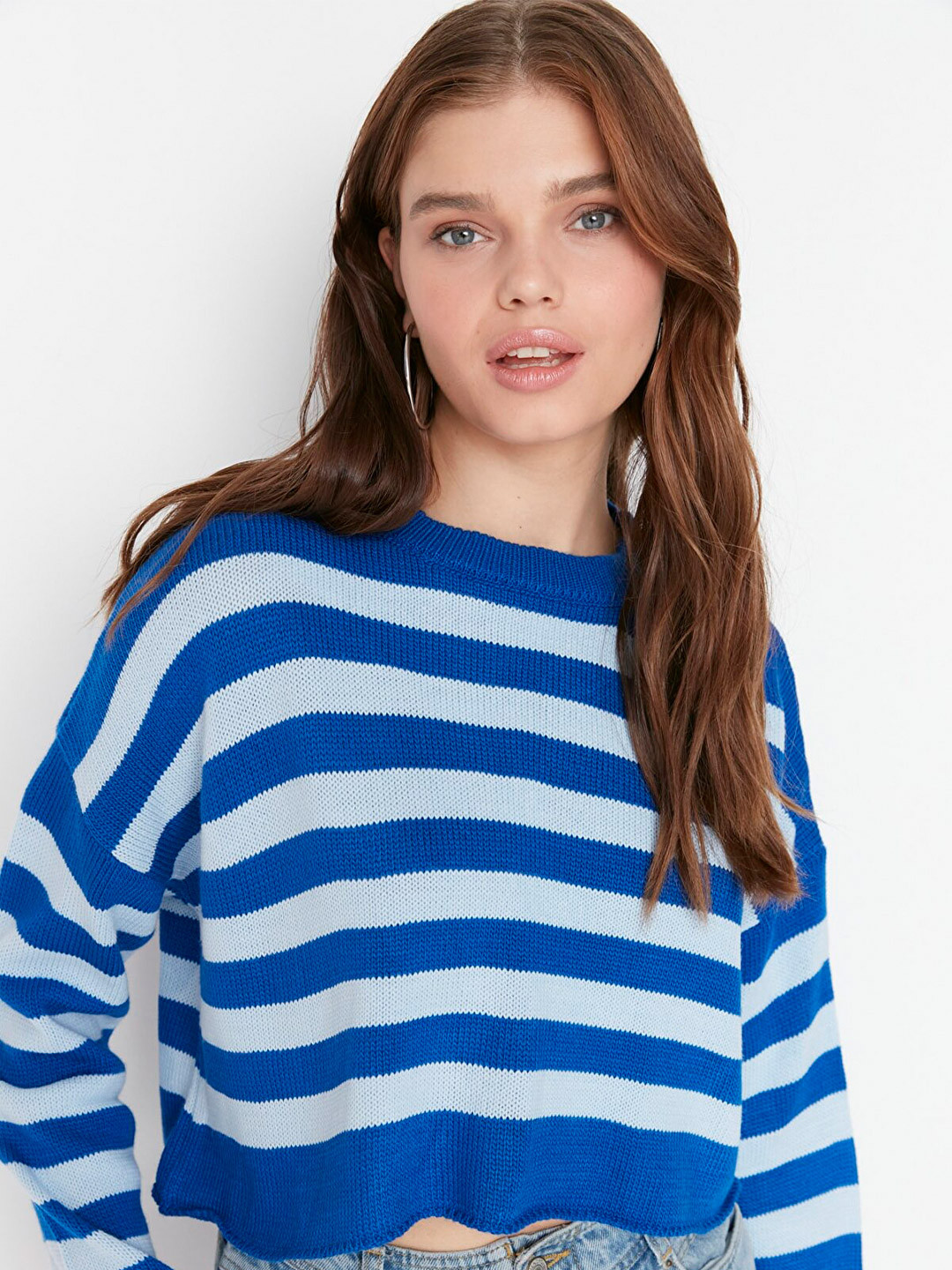 

Trendyol Women Blue & Turquoise Blue Striped Pure Acrylic Pullover Sweater