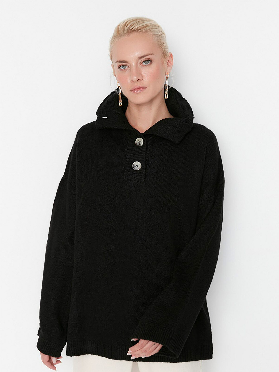 

Trendyol Women Black Lapel Neck Pullover Sweater