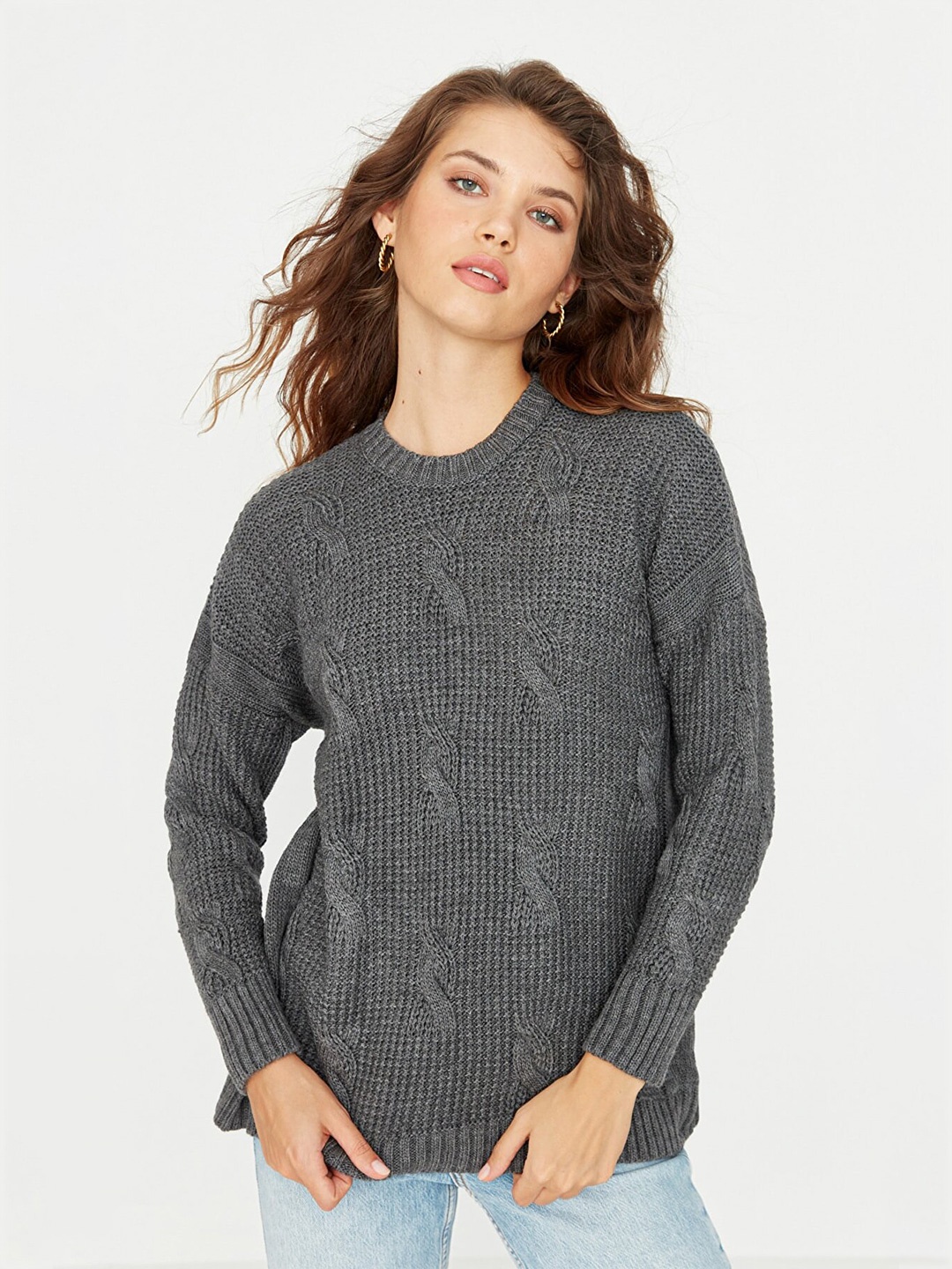 

Trendyol Women Charcoal Cable Knit Acrylic Pullover Sweater