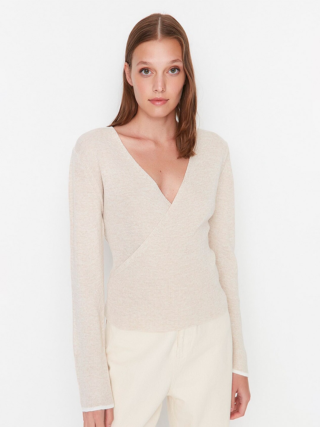 

Trendyol Women Cream-Coloured Ribbed Acrylic Pullover Sweater