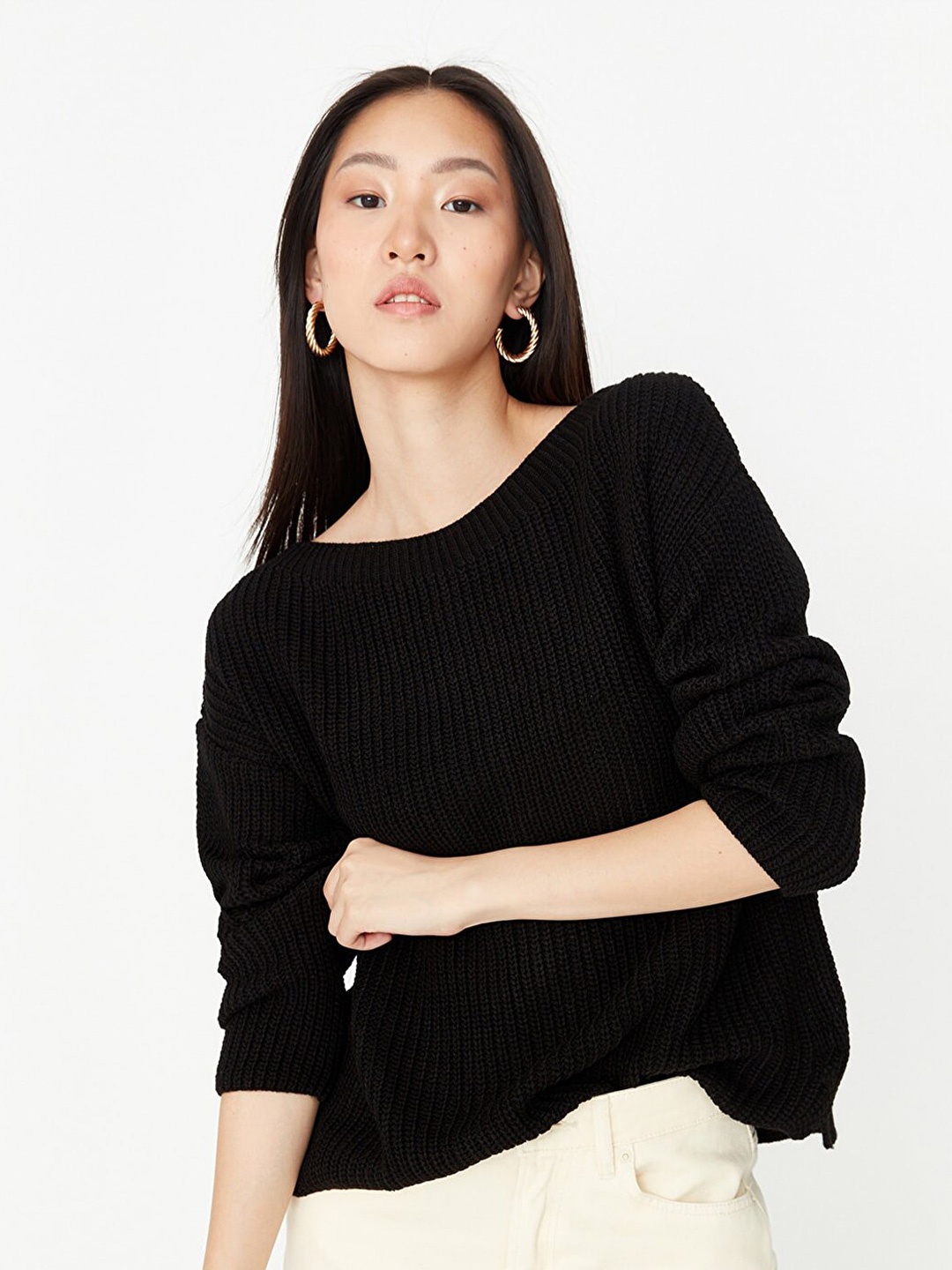 Trendyol Women Black Ribbed Acrylic Pullover Sweater