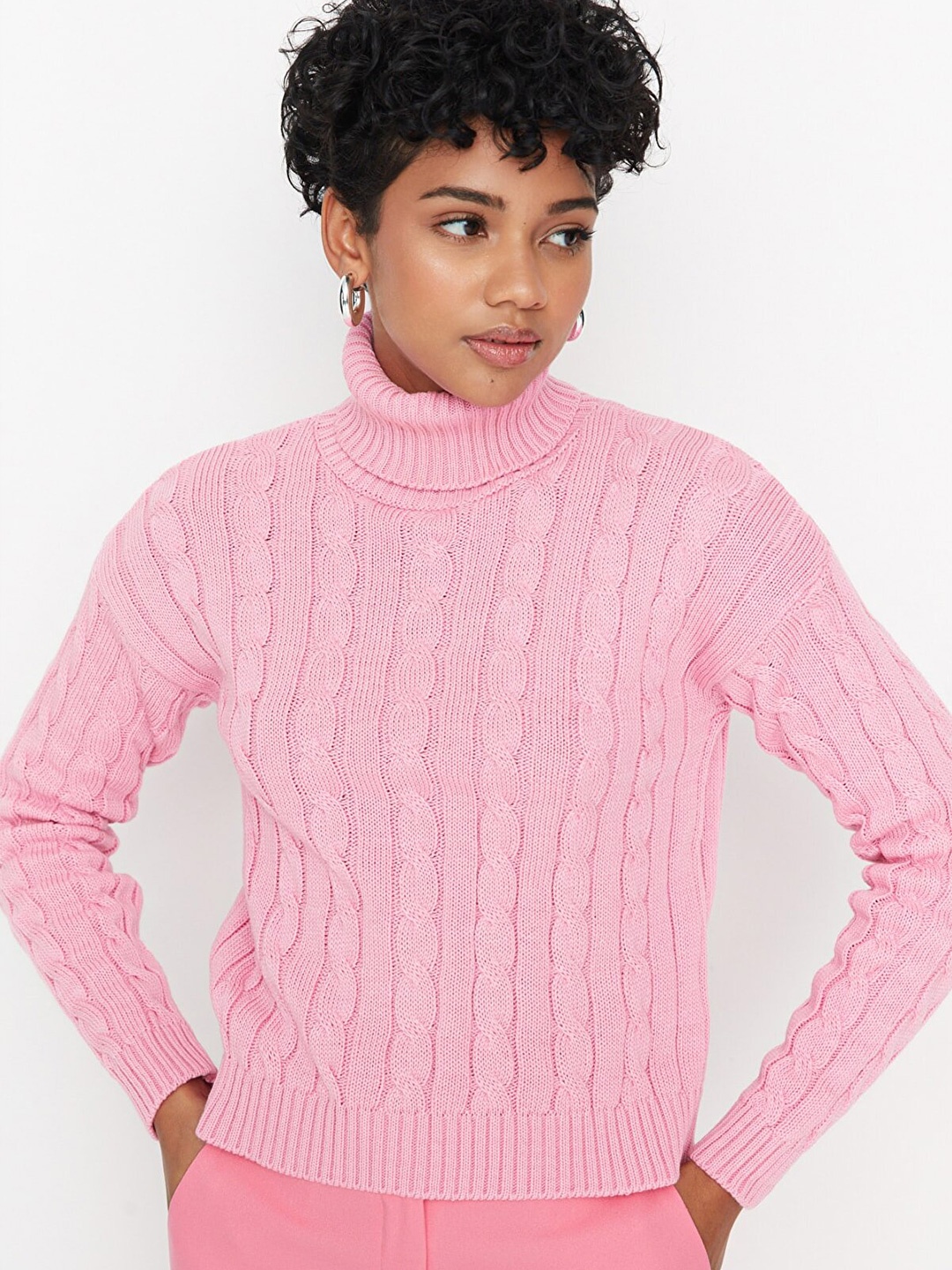 Trendyol Women Pink Cable Knit Pure Acrylic Pullover Sweater
