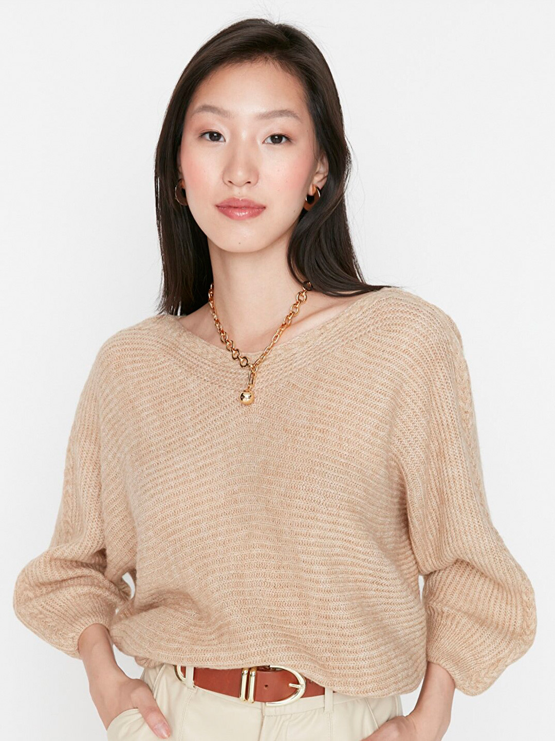 

Trendyol Women Camel Brown Boat Neck Pullover Sweater