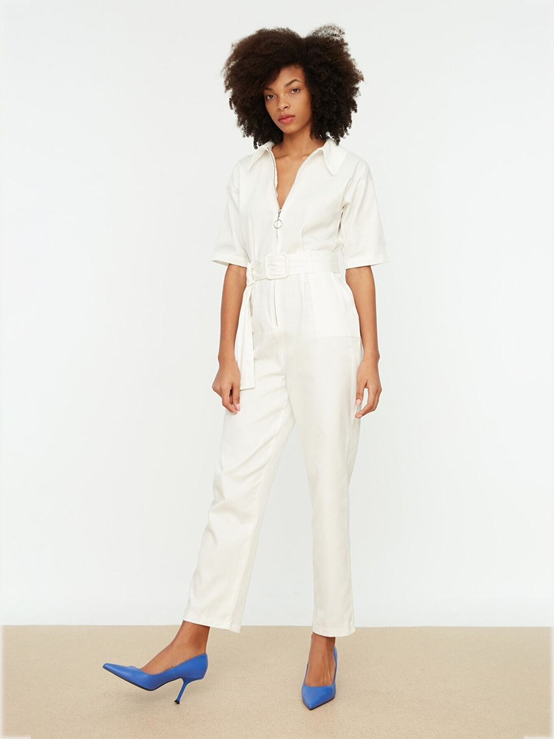 Trendyol Off White Solid Cotton Basic Jumpsuit