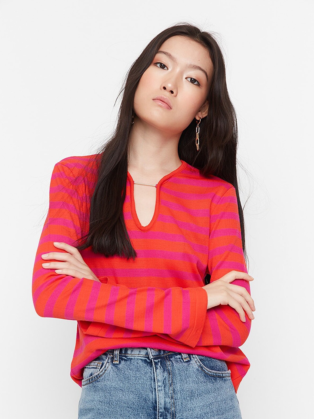 

Trendyol Women Orange & Yellow Striped Pure Acrylic Pullover Sweater