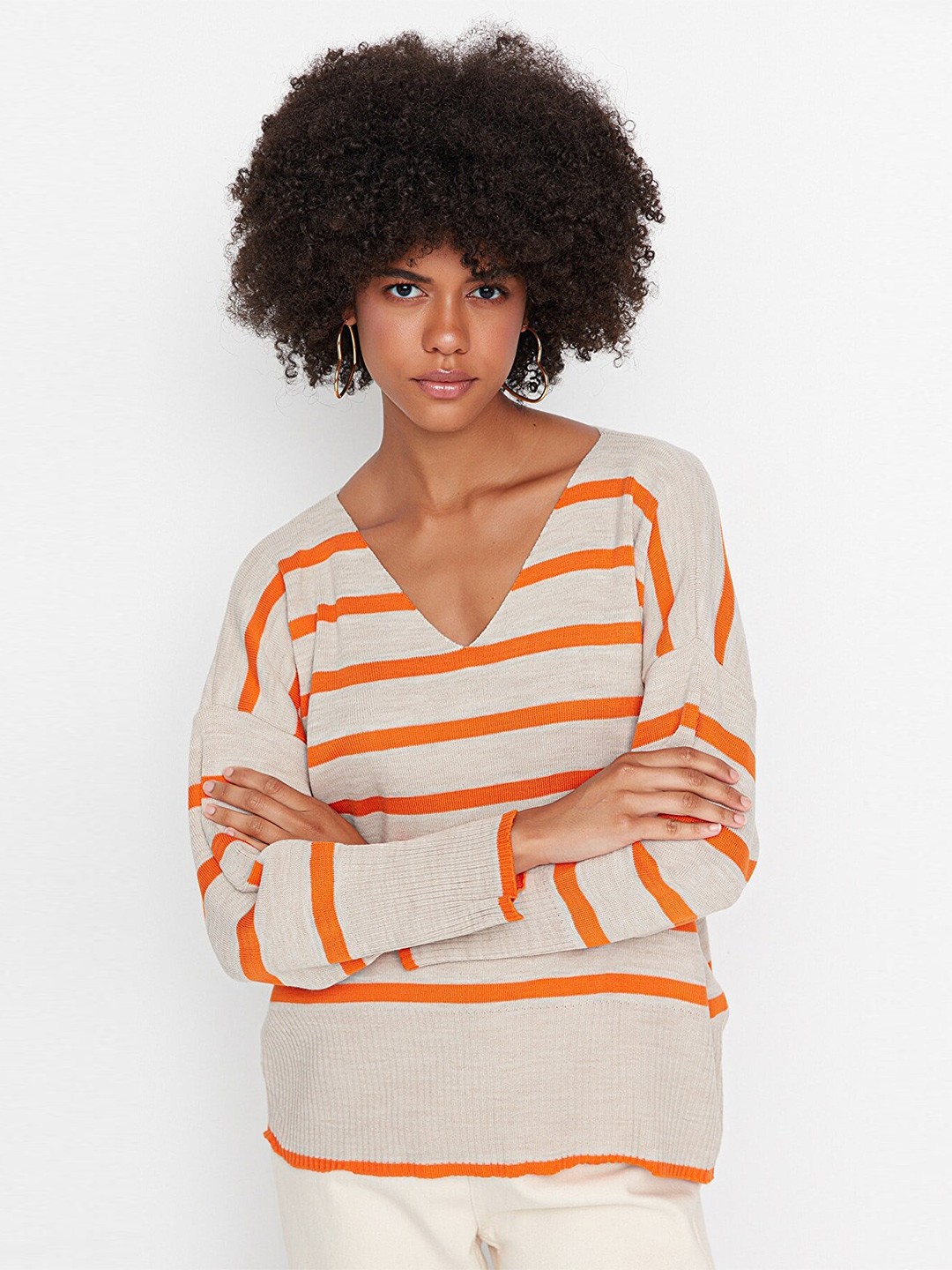 

Trendyol Women Beige & Orange Striped V-neck Pullover Acrylic Sweater