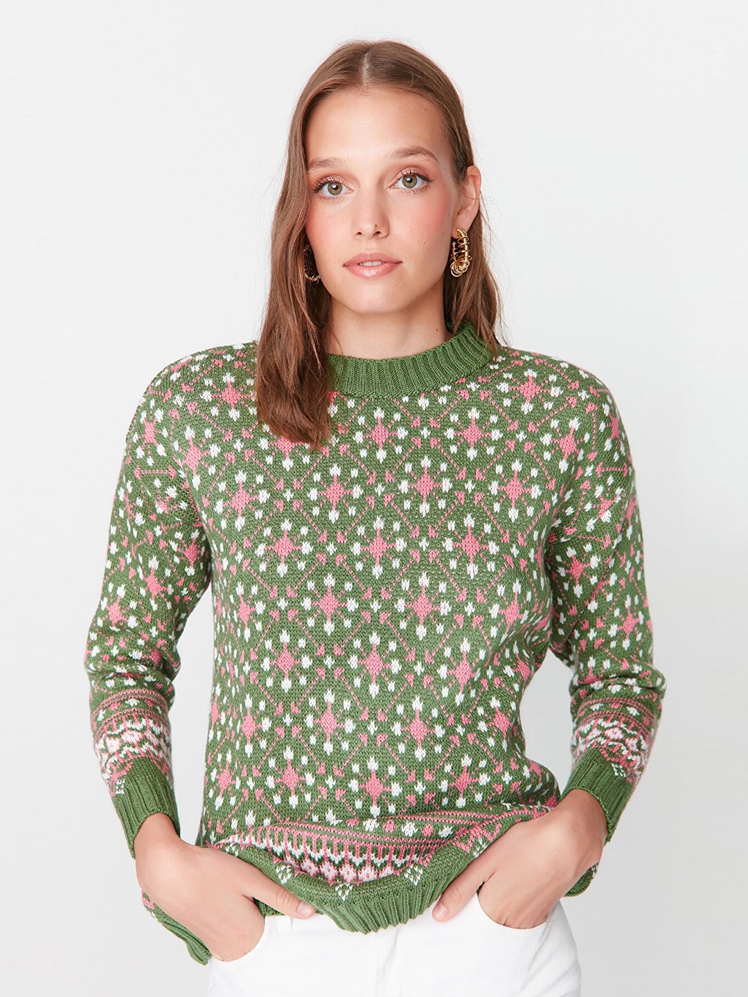 

Trendyol Women Green & Pink Printed Acrylic Pullover