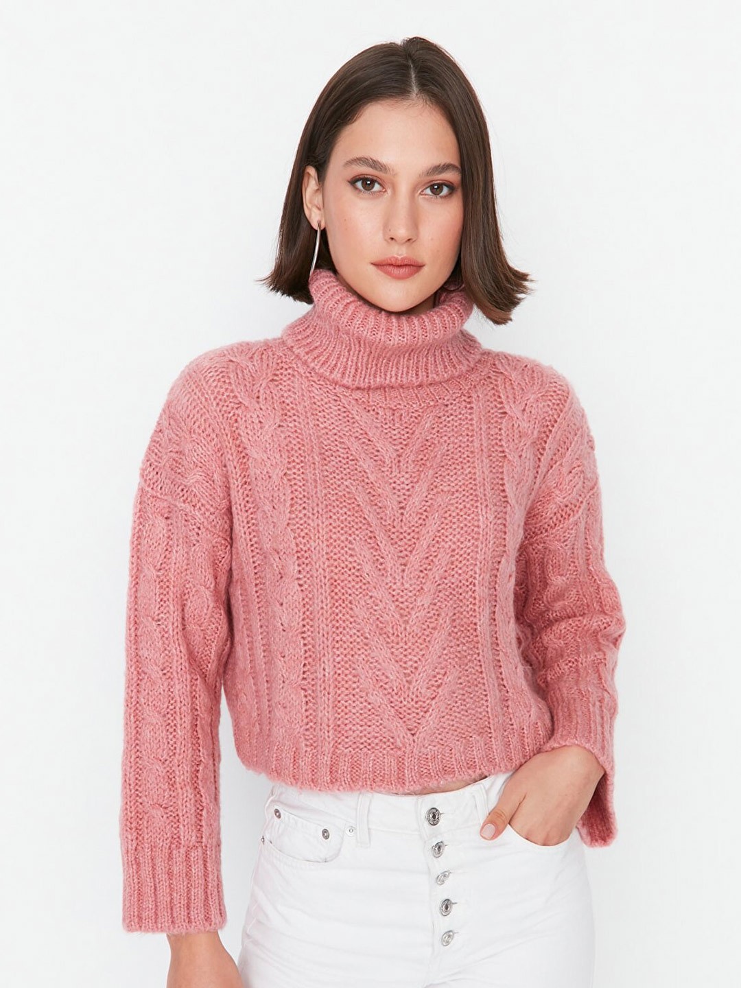 

Trendyol Women Pink Cable Knit Crop Pullover