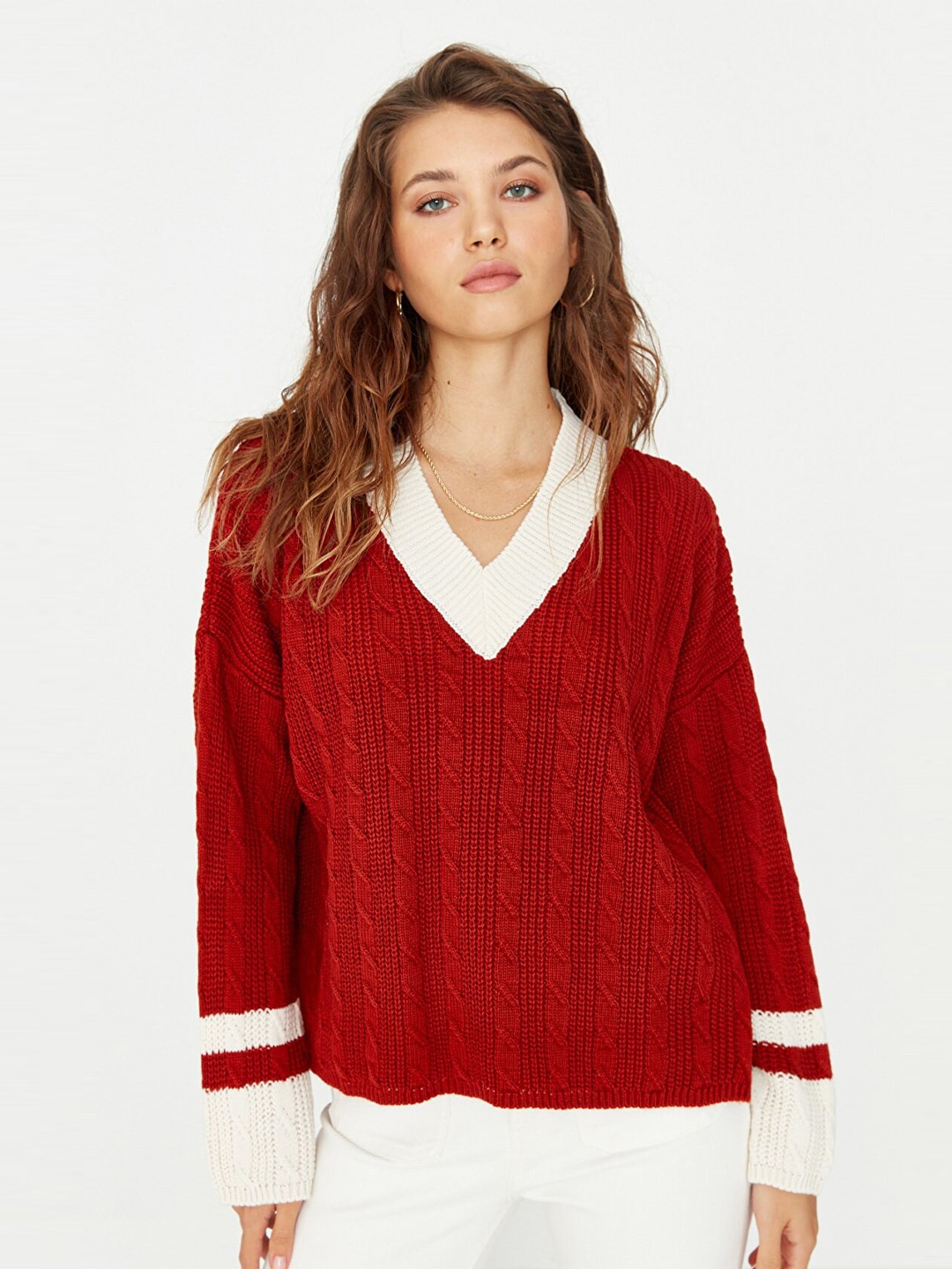 Trendyol Women Red & White Cable Knit Pullover
