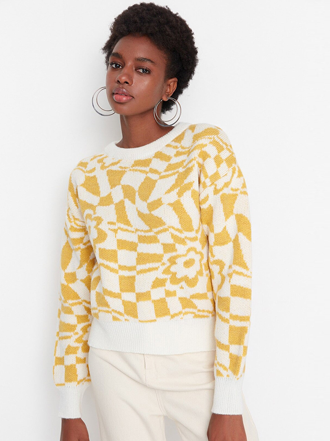 

Trendyol Women Off White & Mustard Yellow Printed Pullover