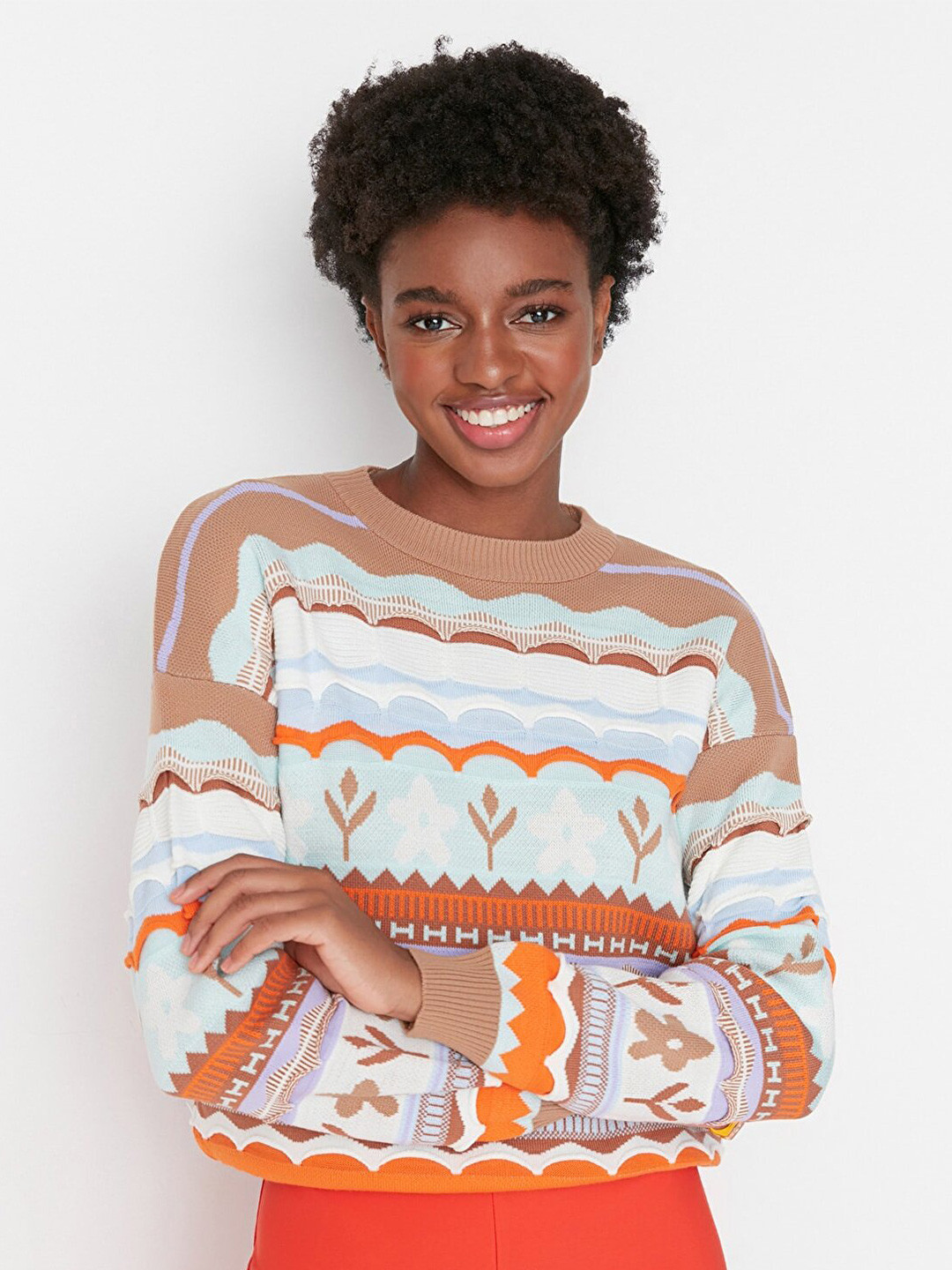 

Trendyol Women Camel Brown Quirky Printed Pullover