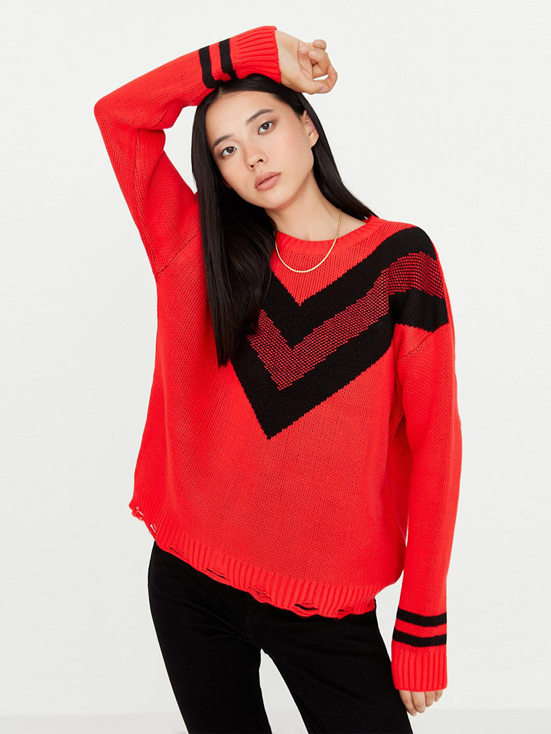 

Trendyol Women Red & Black Printed Acrylic Pullover