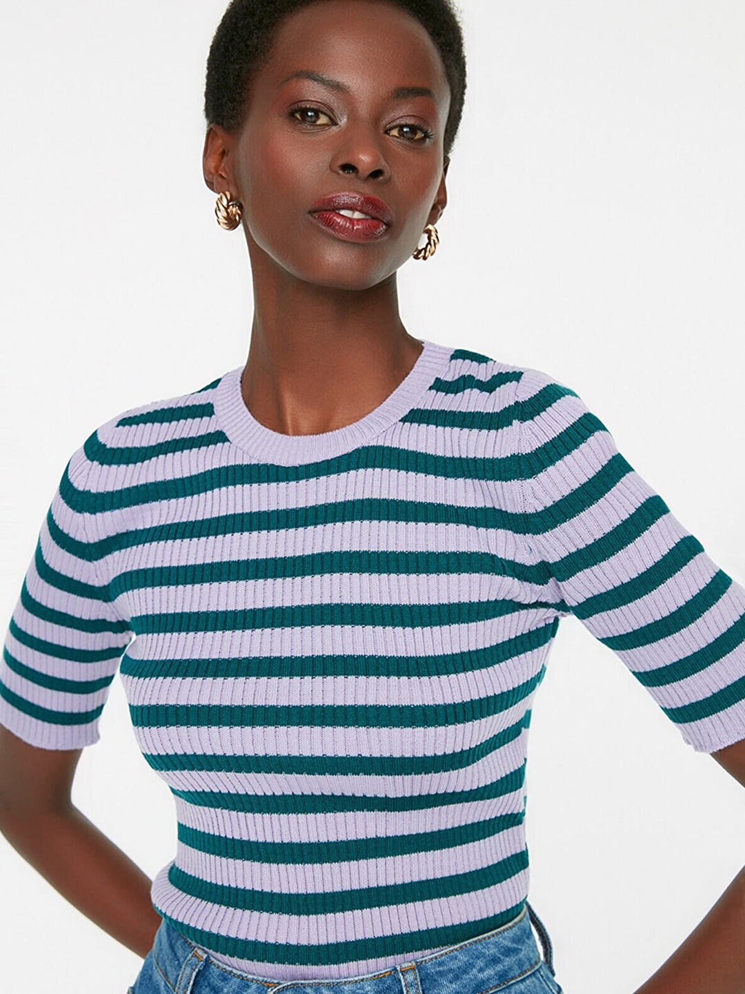 

Trendyol Women Green & Grey Striped Pullover