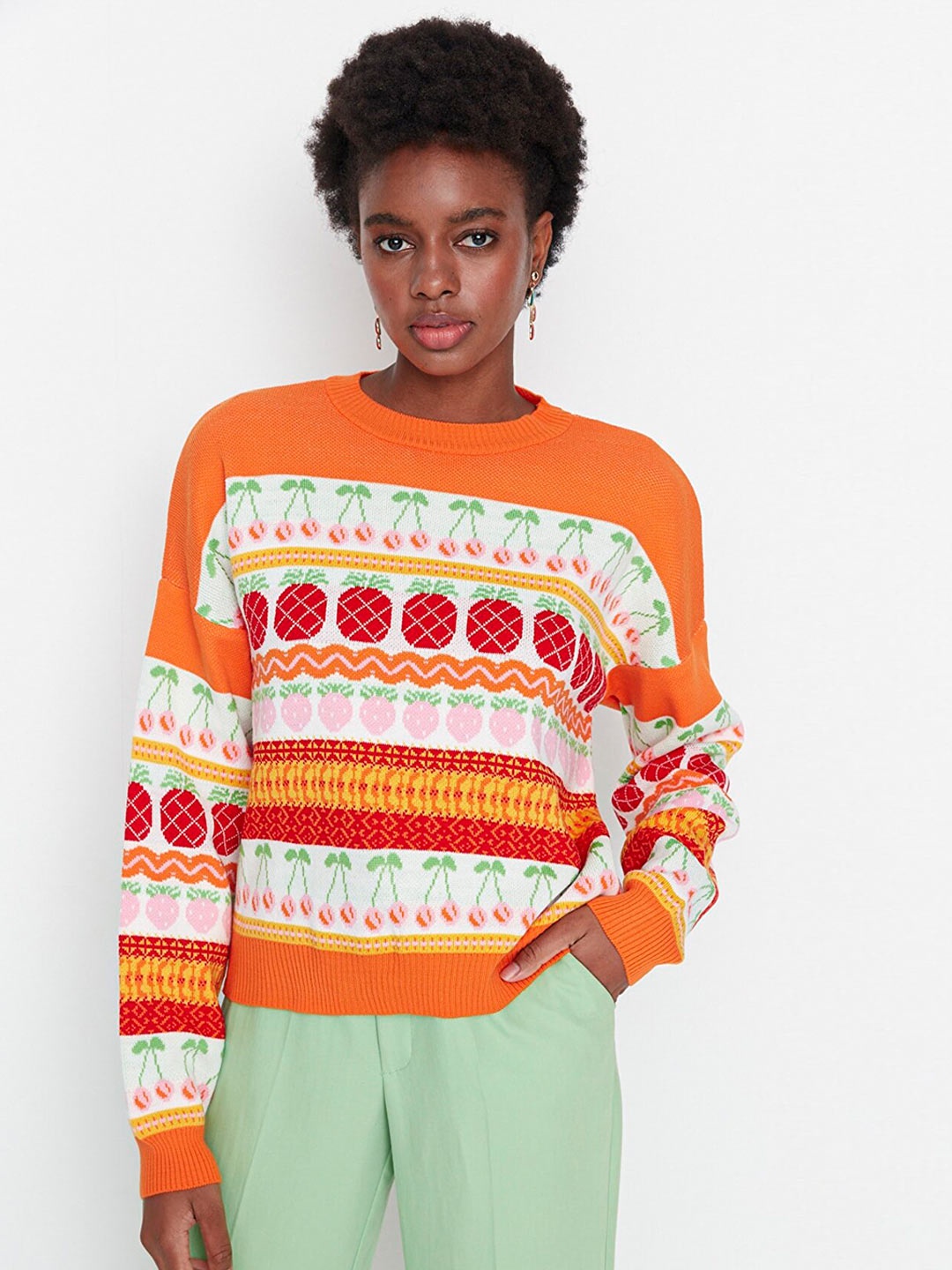 

Trendyol Women Orange & White Printed Pullover