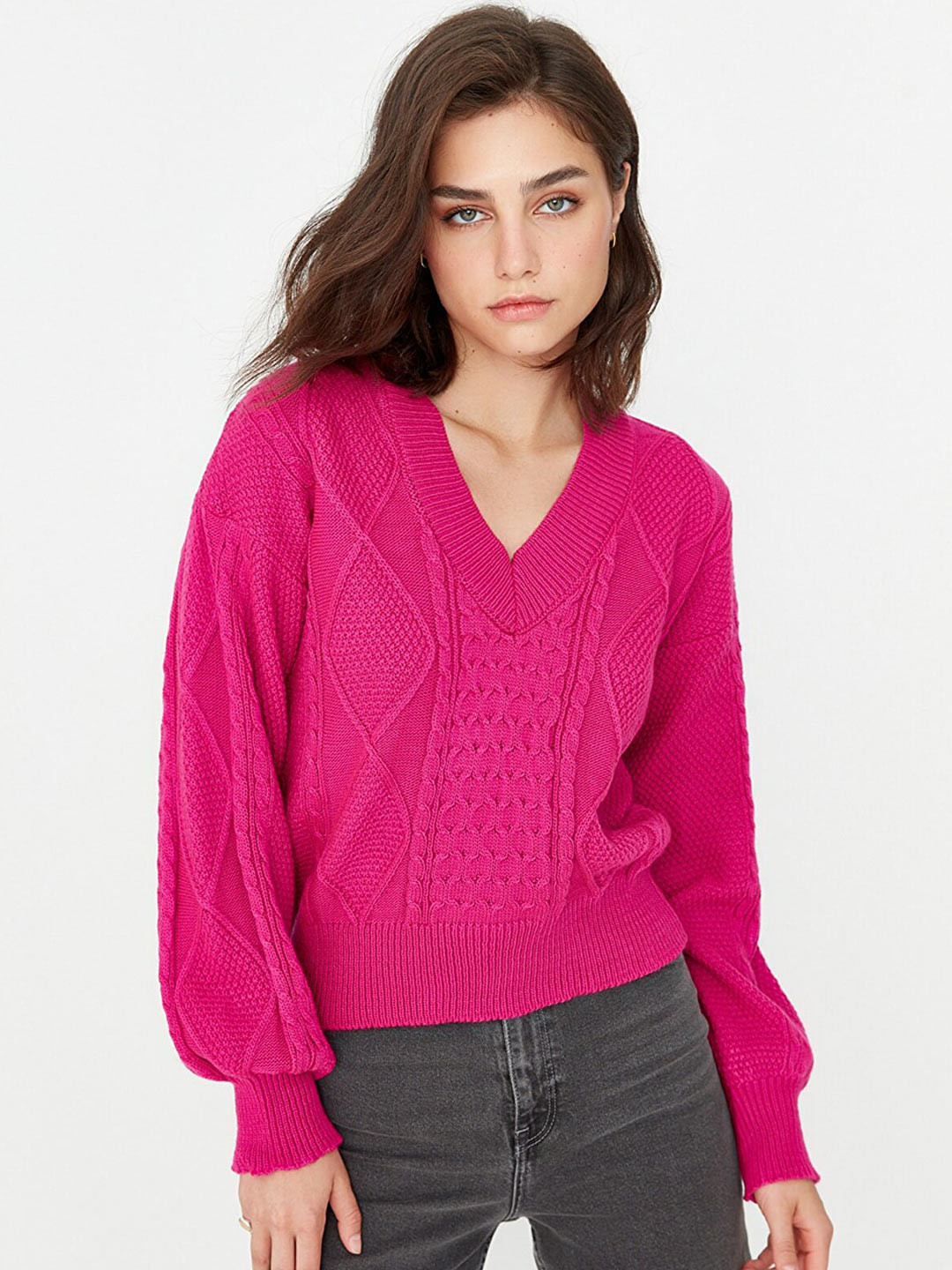 

Trendyol Women Fuchsia Cable Knit Pullover
