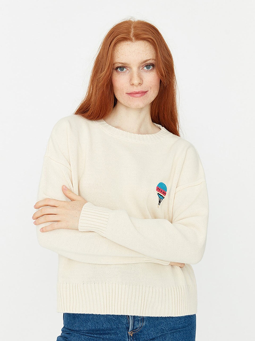 

Trendyol Women Off White Pullover with Embroidered Detail