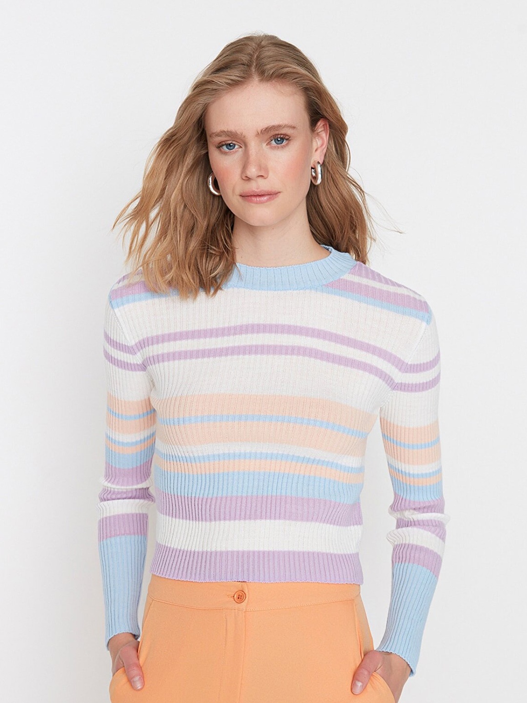 

Trendyol Women Violet & Off White Striped Striped Pullover
