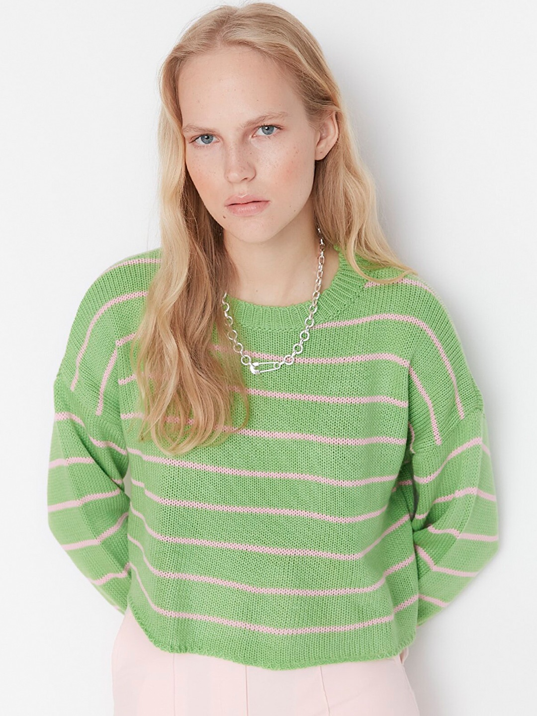 

Trendyol Women Green & Pink Striped Pullover