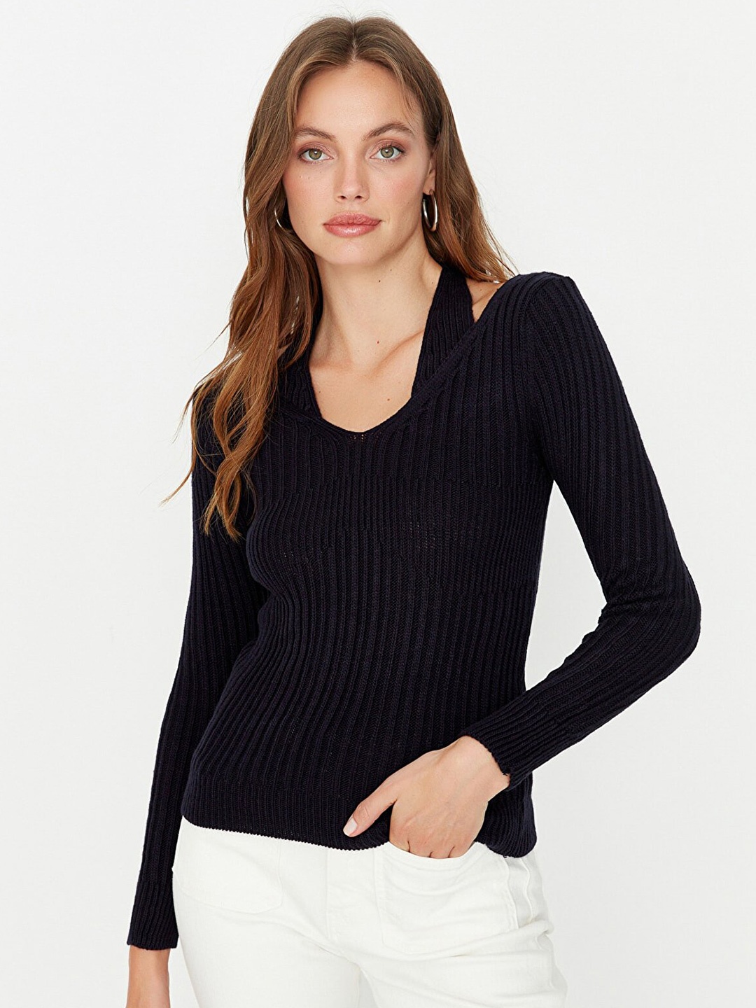 

Trendyol Women Navy Blue Ribbed Pullover