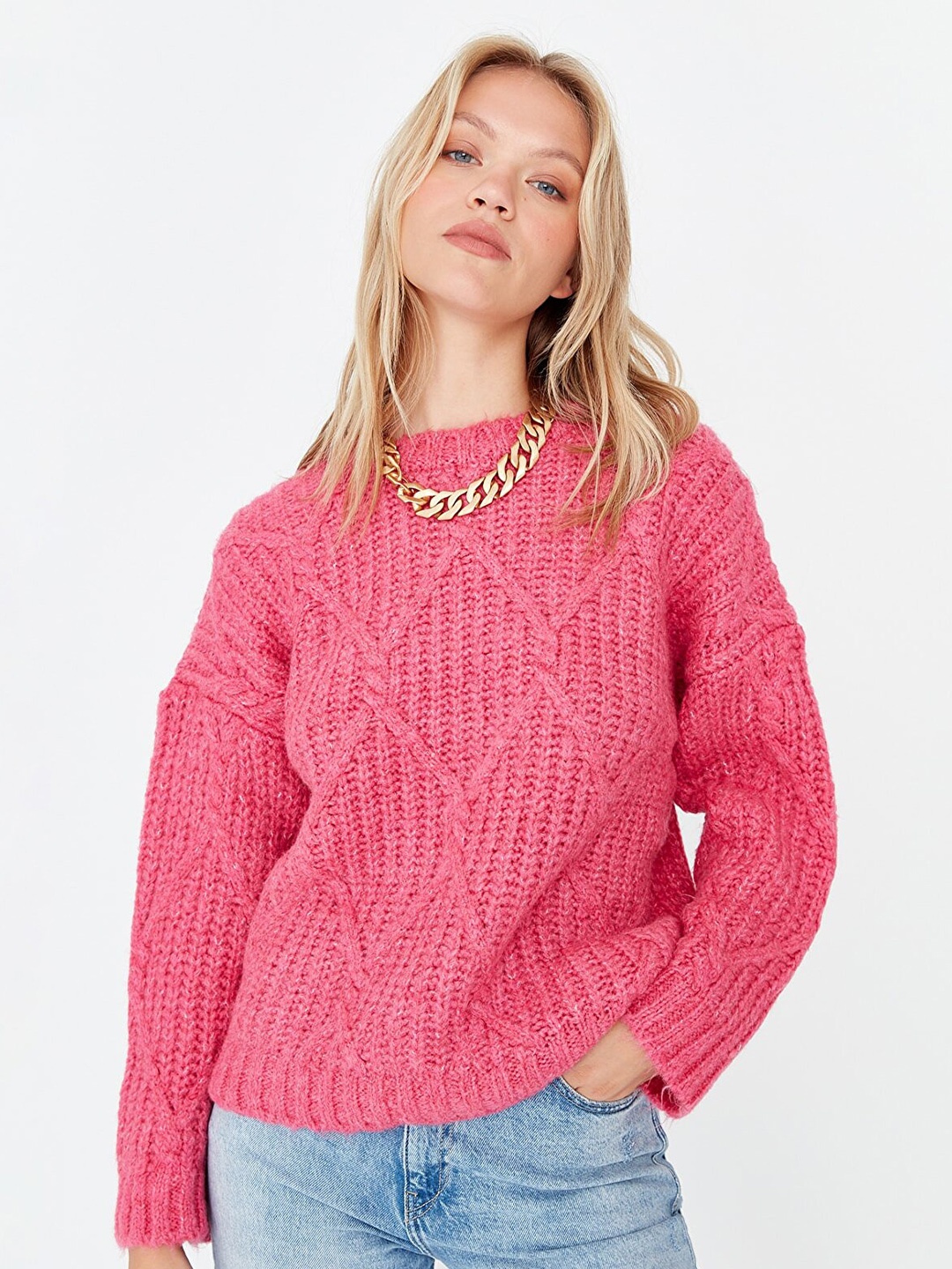

Trendyol Women Pink Cable Knit Pullover