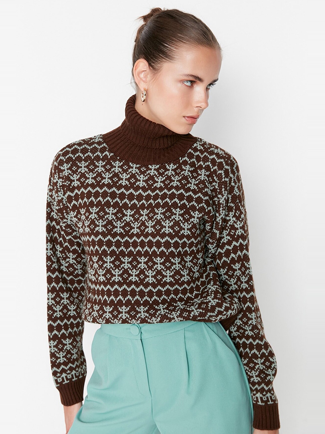 

Trendyol Women Coffee Brown & Grey Printed Pullover