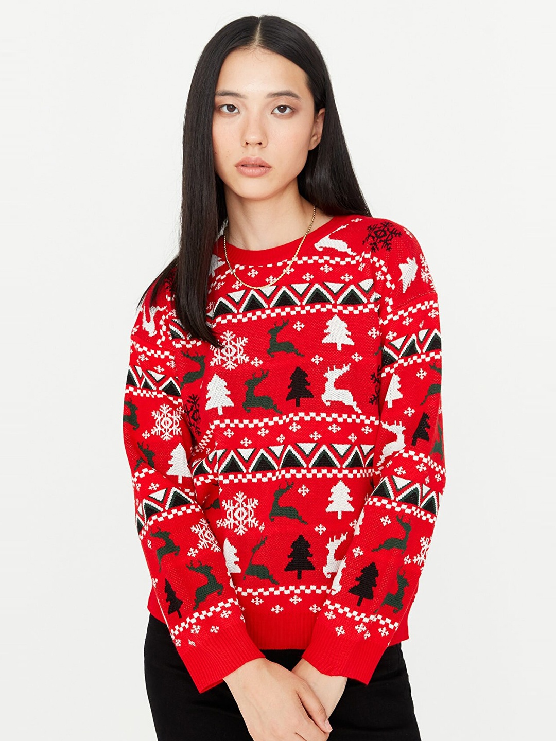 

Trendyol Women Red & Black Printed Pullover
