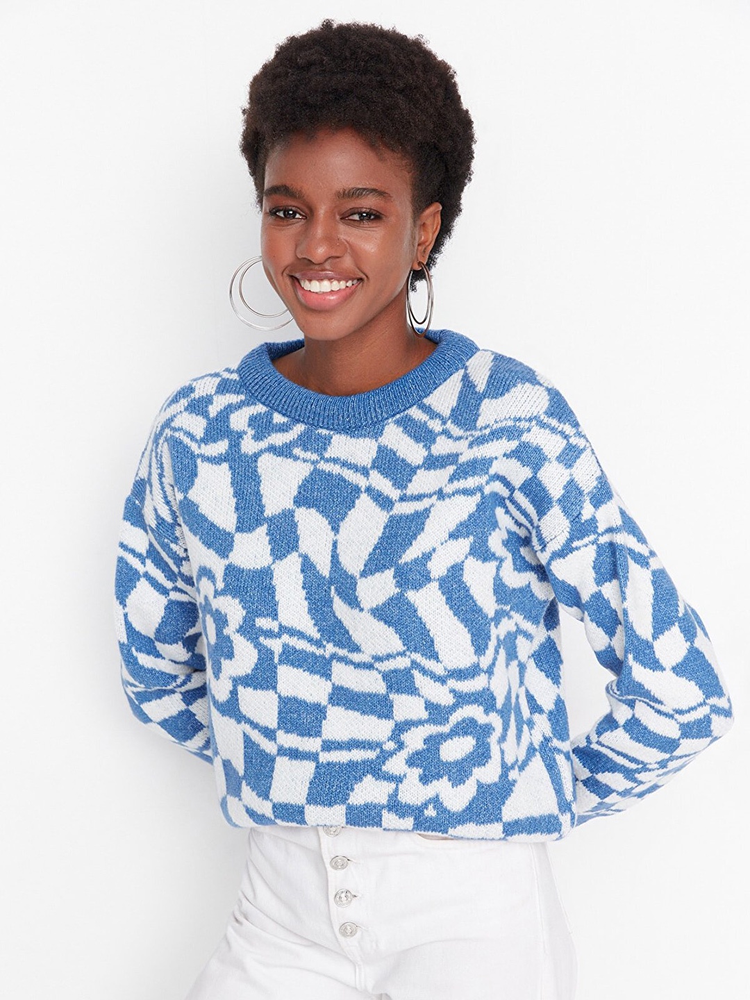 

Trendyol Women Blue & White Printed Pullover Sweater