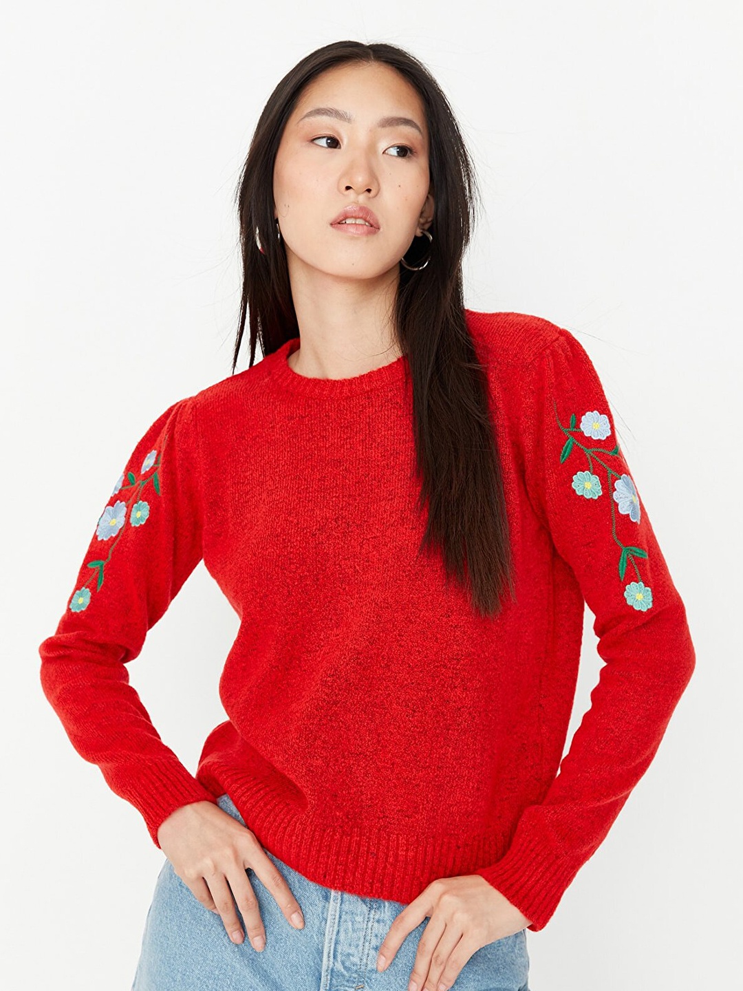 

Trendyol Women Red Floral Floral Embroidered Pullover Acrylic Sweater