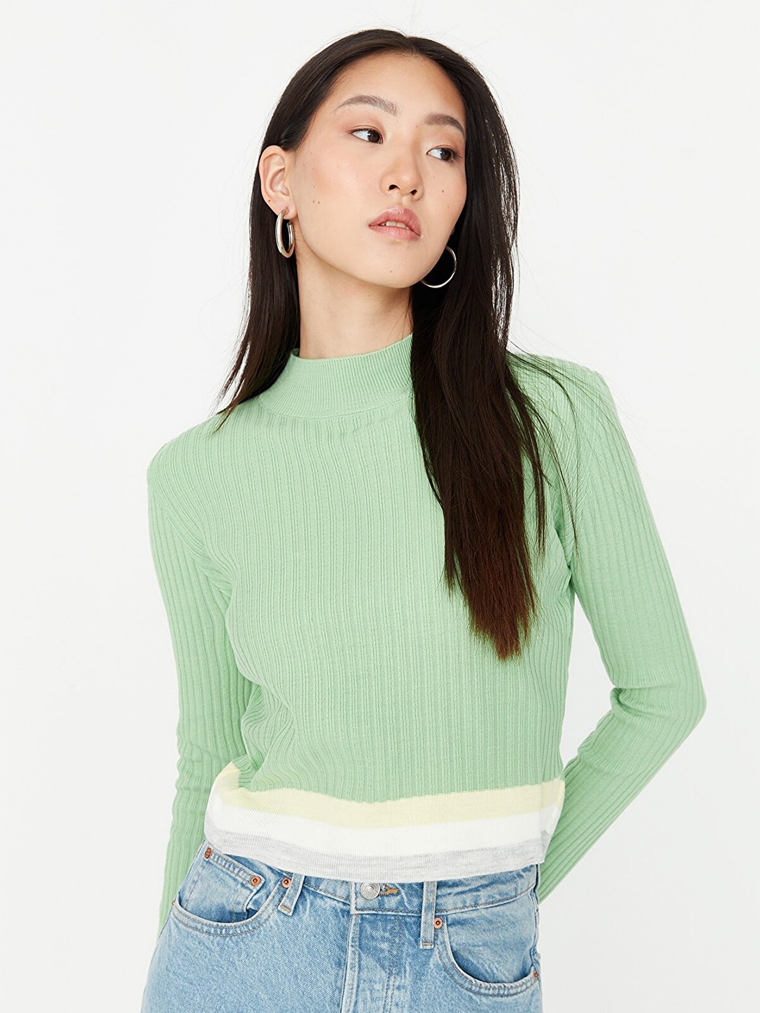 Trendyol Women Green Ribbed Pullover Acrylic Sweater