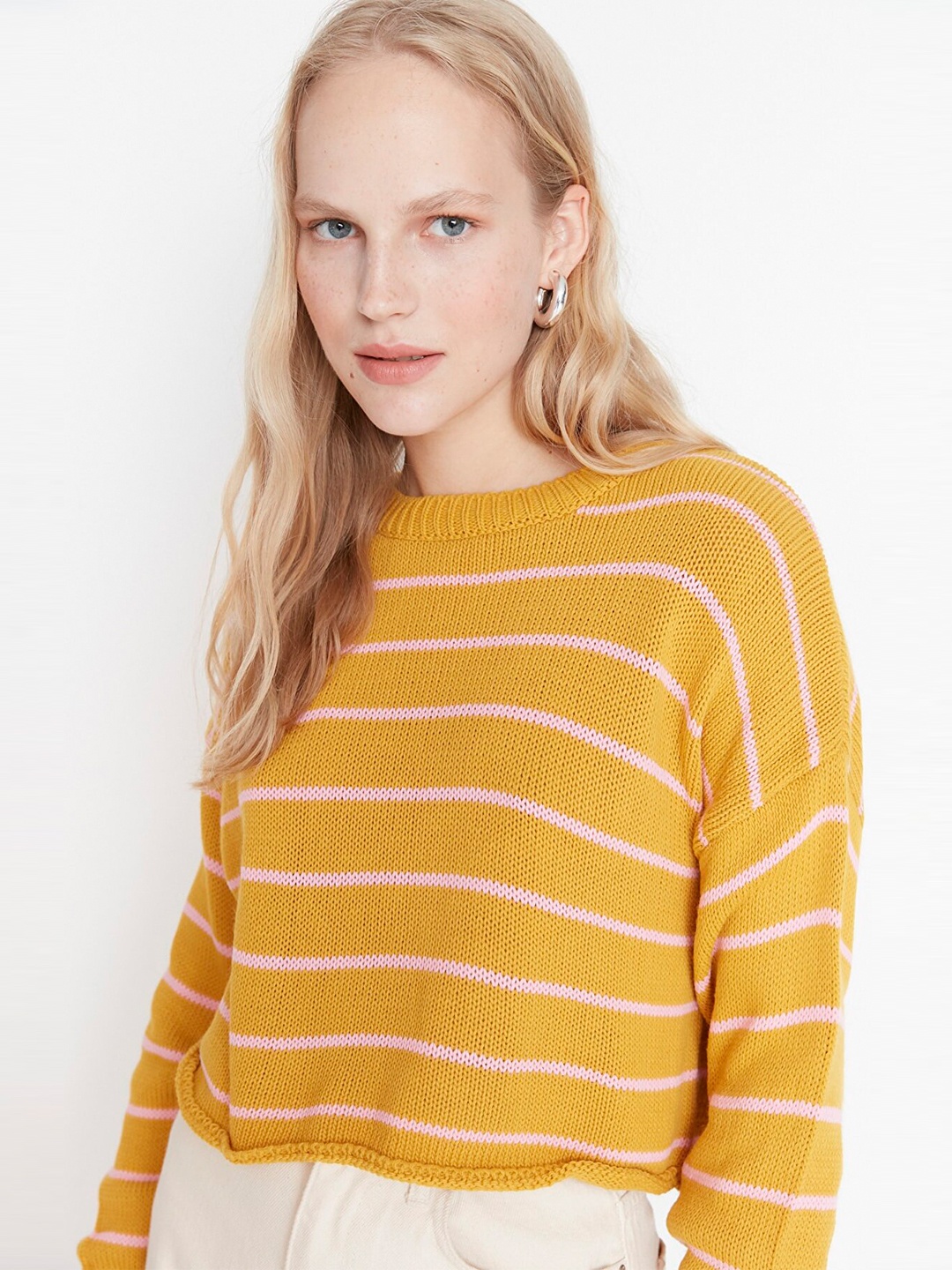 

Trendyol Women Mustard & Pink Striped Pullover Acrylic Sweater