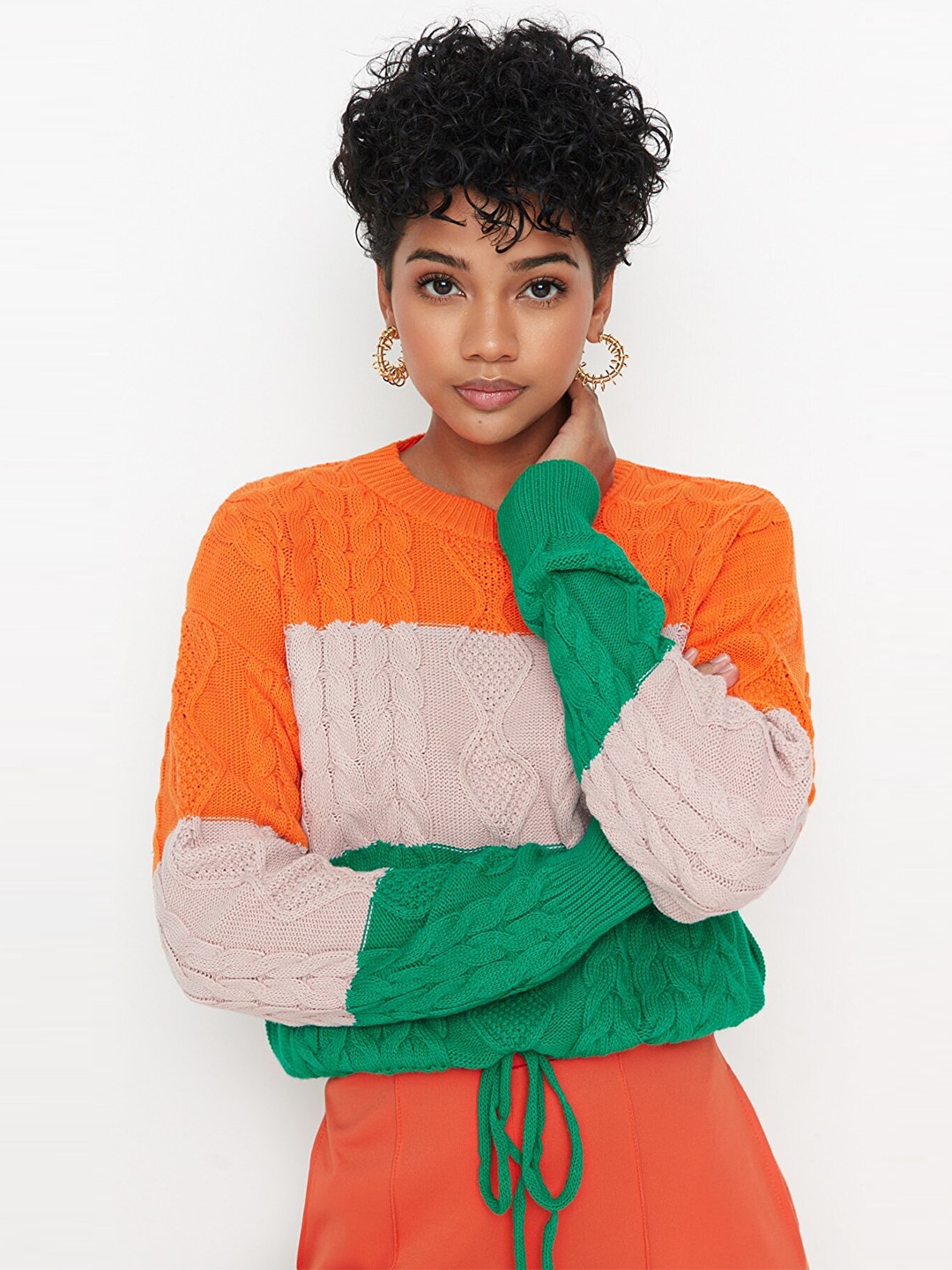 

Trendyol Women Orange & White Cable Knit Crop Pullover Acrylic Sweater