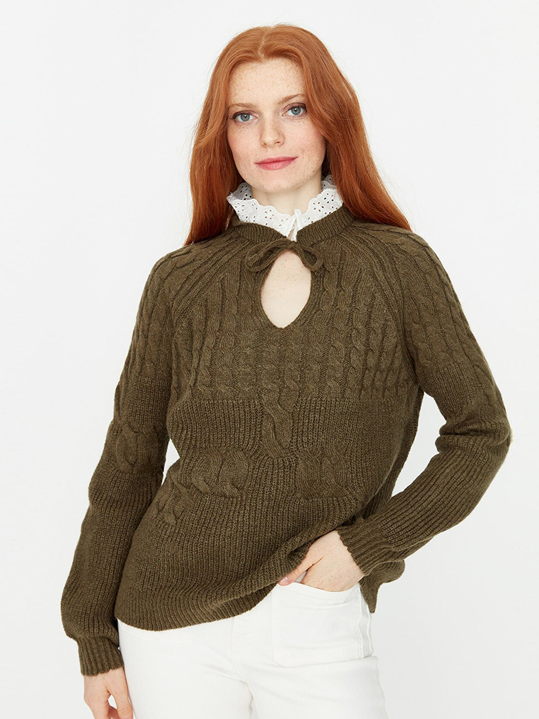 

Trendyol Women Olive Green Cable Knit Pullover Acrylic Sweater