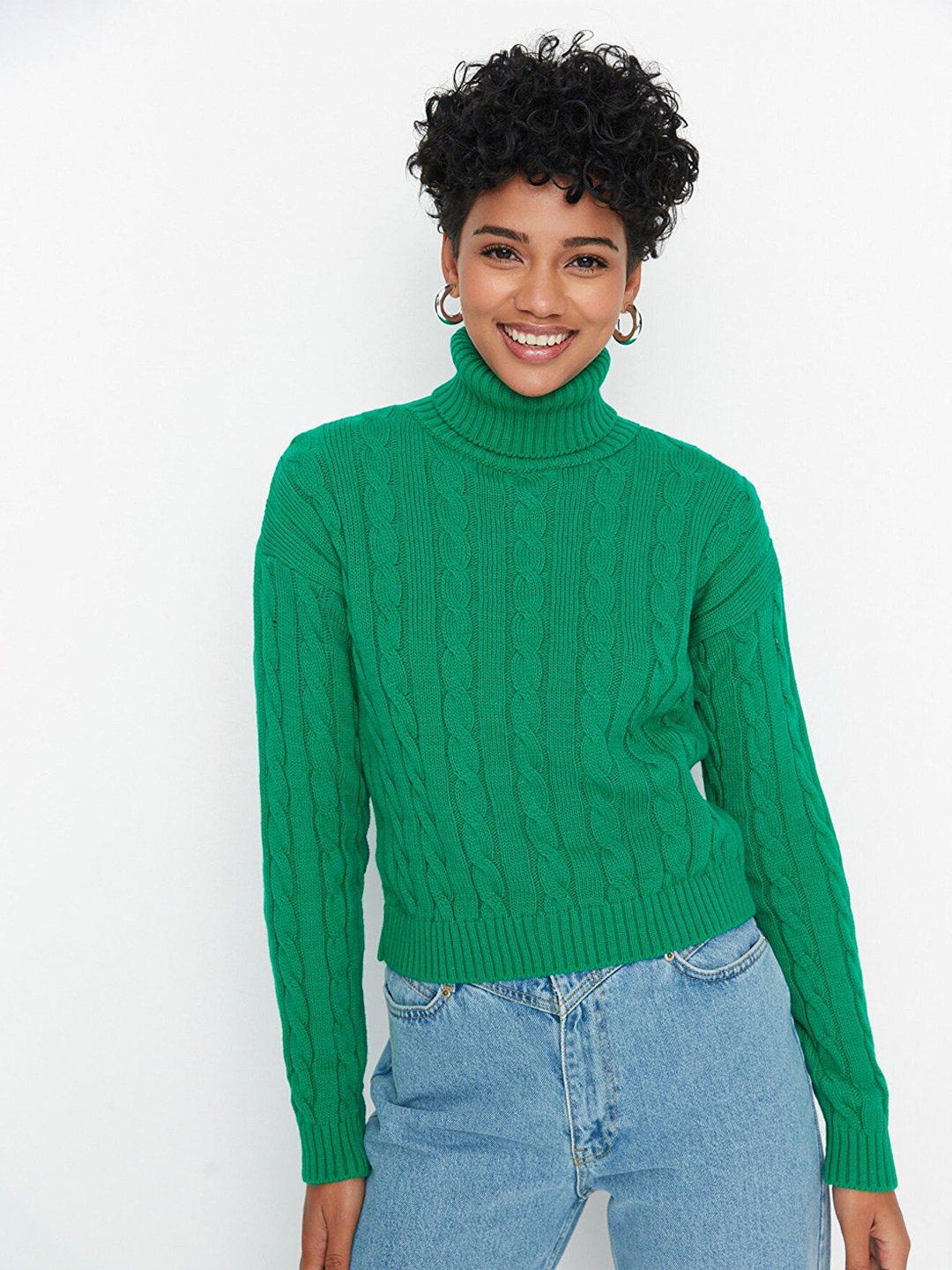 Trendyol Women Green Cable Knit Pullover Acrylic Sweater