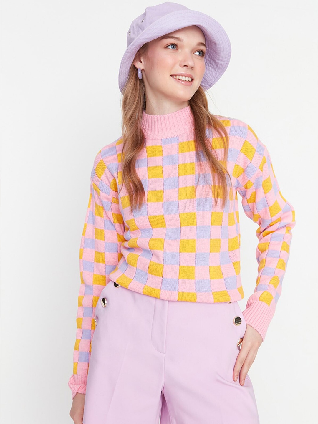 

Trendyol Women Pink & Yellow Checked Pullover Acrylic Sweater